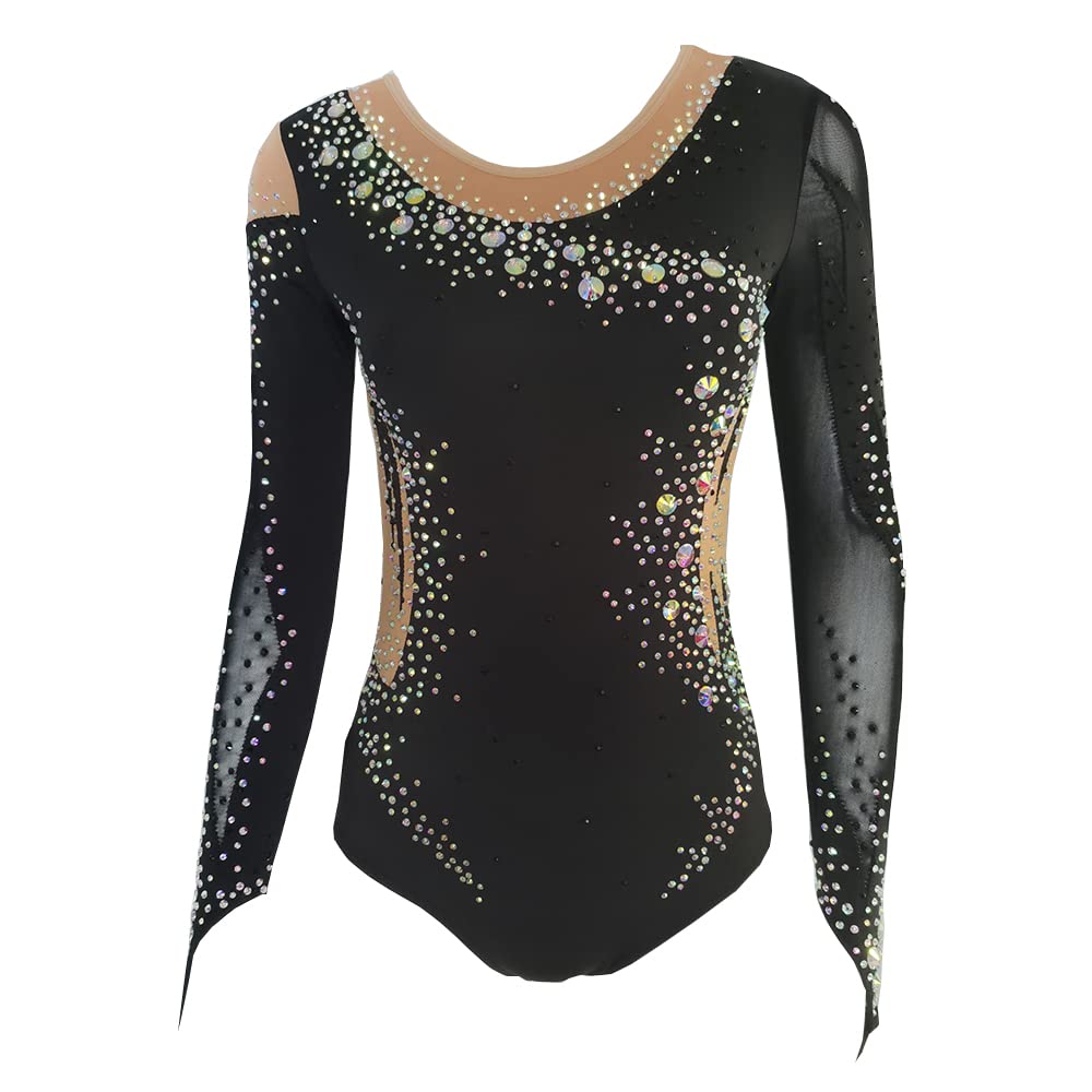 LIUHUO Maillot de gimnasia rítmica negro con manga de dedo para entrenamiento de competición