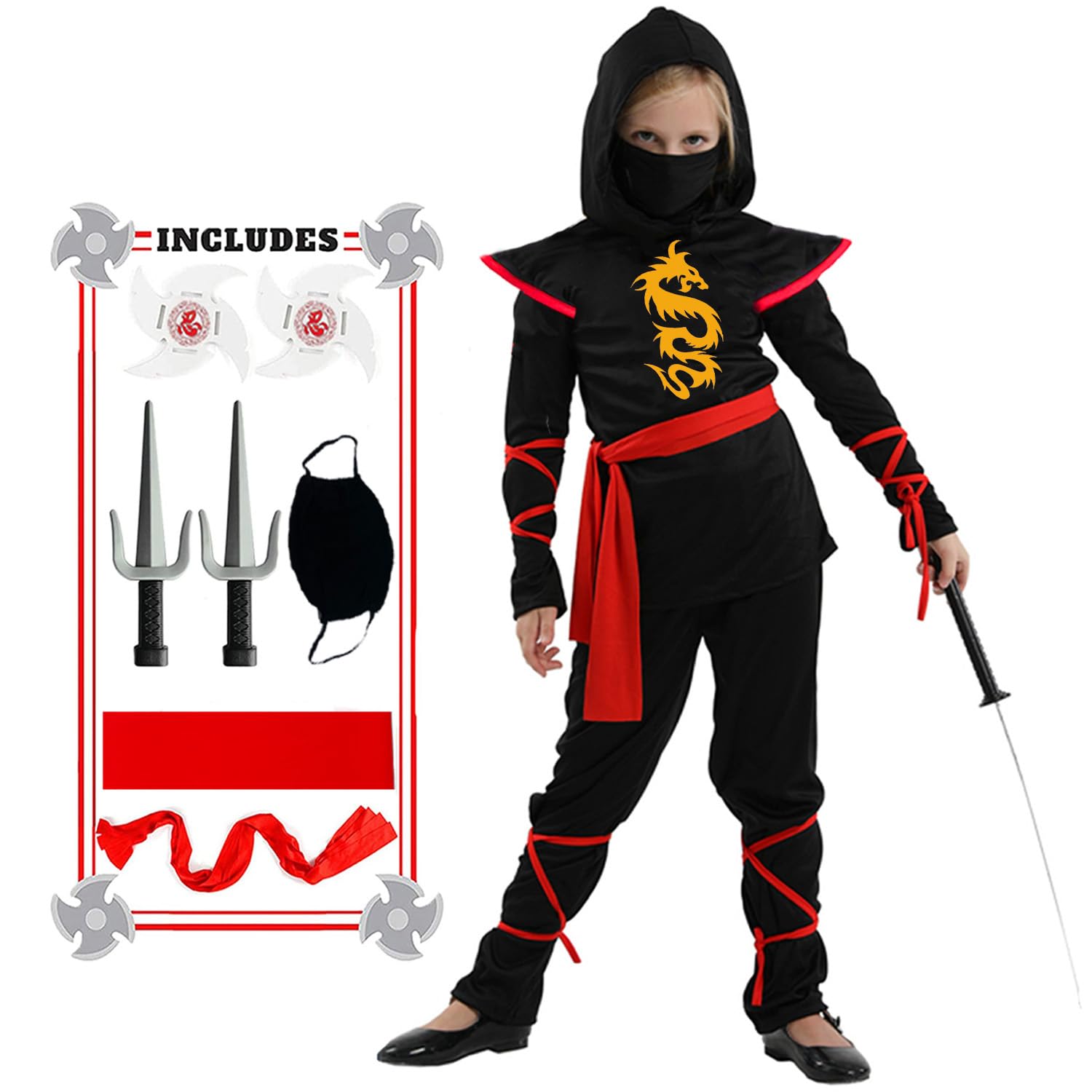 Ninja Deluxe Costume Set for Kids with Ninja Foam Accessories Toys for Halloween Cosplay, Christmas Birthday Party
