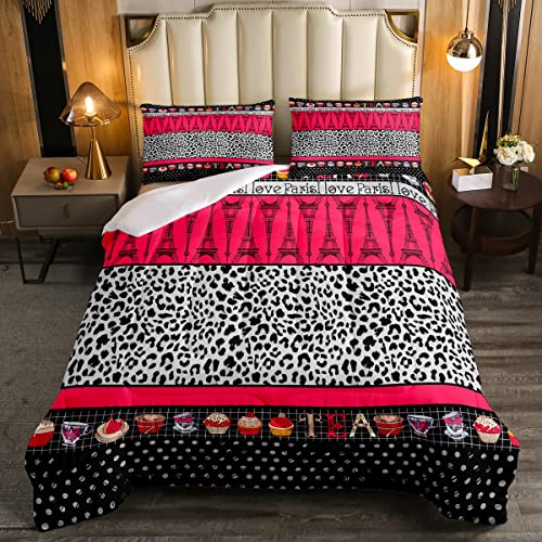 Loussiesd Piumino nero grigio leopardato ghepardo per ragazze bambini e donne rosso nero romantico Parigi Tour Eiffel Set Trapunta per tè e torta/trapunta per letto 135x200cm
