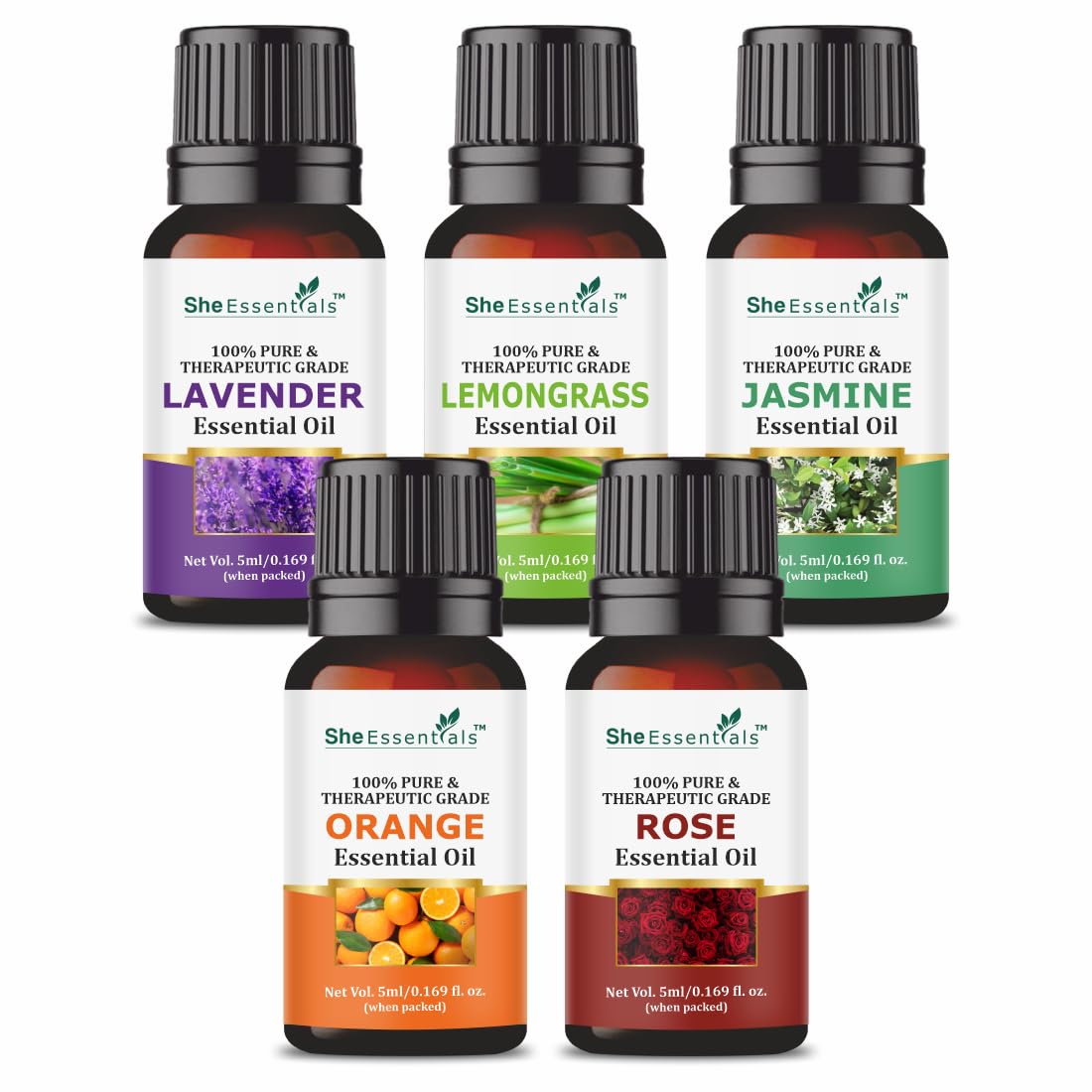 She Essentials Combos of Essential Oils - 15ml (Lavender, Lemongrass, Jasmine, Orange & Rose) (B0D4RD9BT8) Amazon Price History, Amazon Price Tracker
