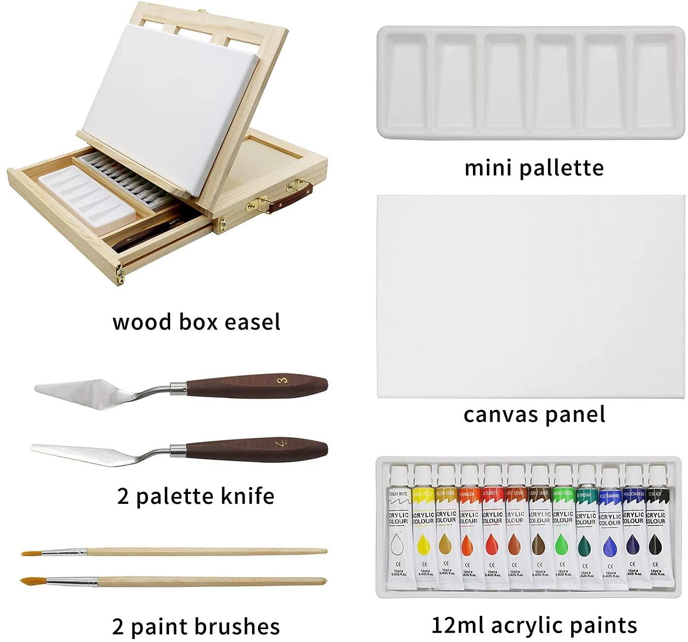 Tabela Sztaluga Zestaw Art Materiały do ​​rysowania i szkicowania, Przenośne Desktop Drewniane Sketchbox Malowanie Schowek, Regulowany Artysta Top Deska z płótnem, farba akrylowa, dla dorosłych dzieci