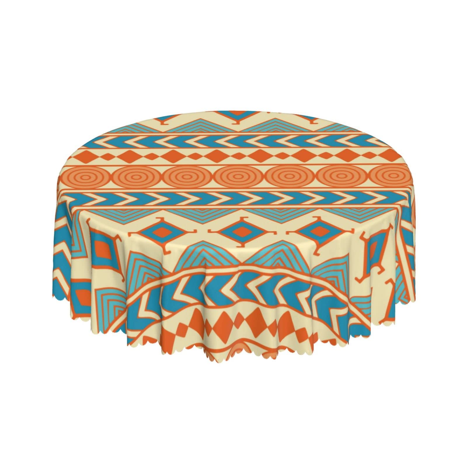 Lsjuee Tribal Ethnic Abstract Geometric Brownish Round Tablecloth 60 Inch Printed Washable Tablecloth for Dining Party Holiday Fall Home Decorative