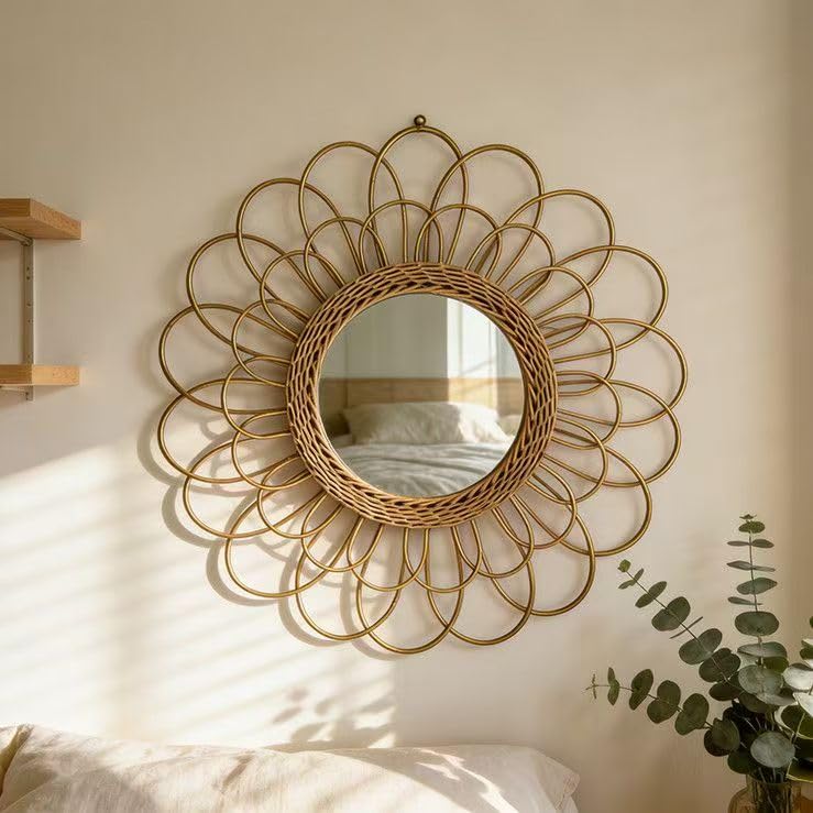 OYPEIP 22 Large Rattan Innovative Art Decoration Round Makeup Mirror Dressing Bedroom Bathroom Wall Hanging Mirrors Craft Photo Props Glass Decor