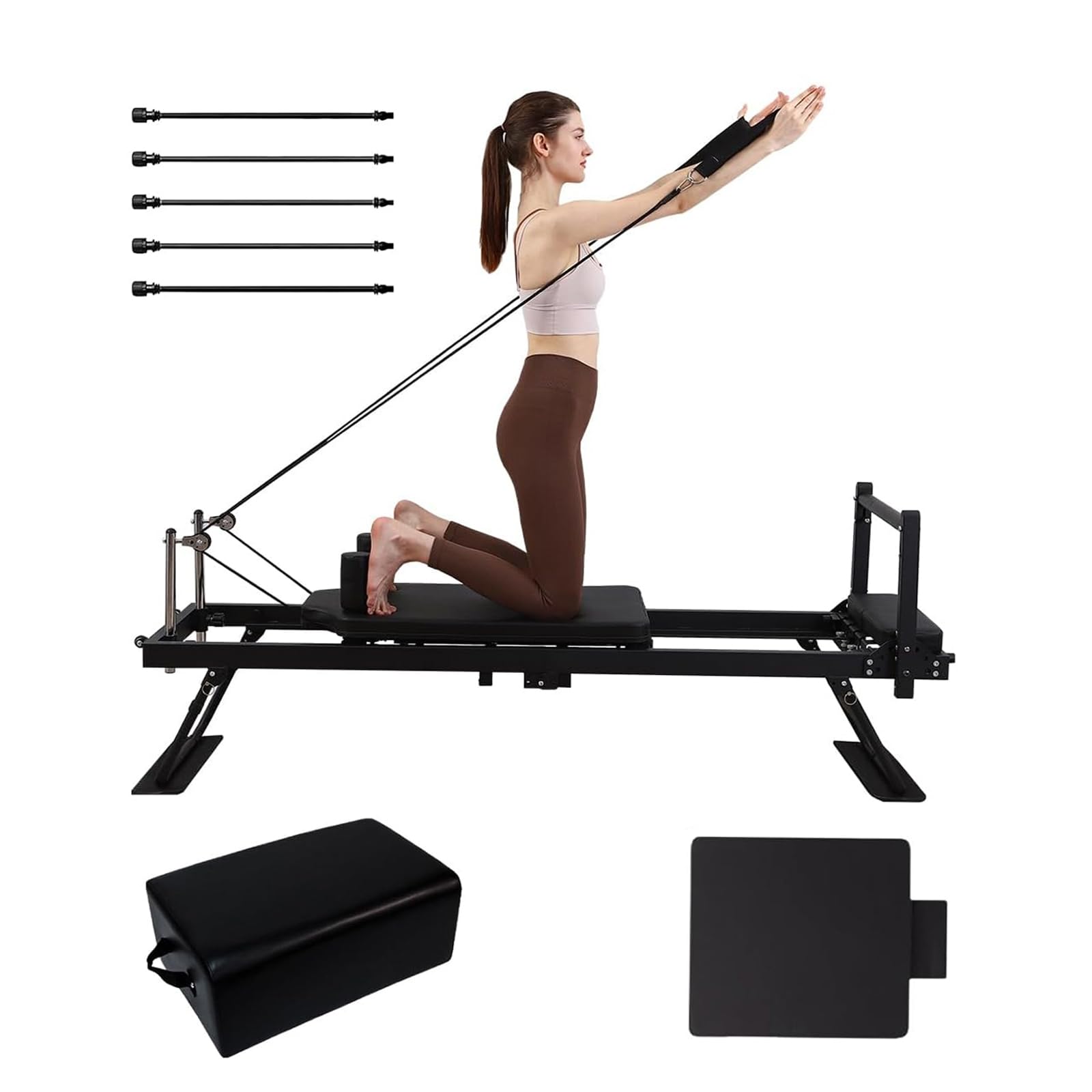 Pilates Reformer Pieghevole, Macchina per Allenamento Pilates per Palestra Casa, Carico Fino a 120 kg, Yoga Home Trainer per Allenamento in Posizione Supina,Black-A01+Box