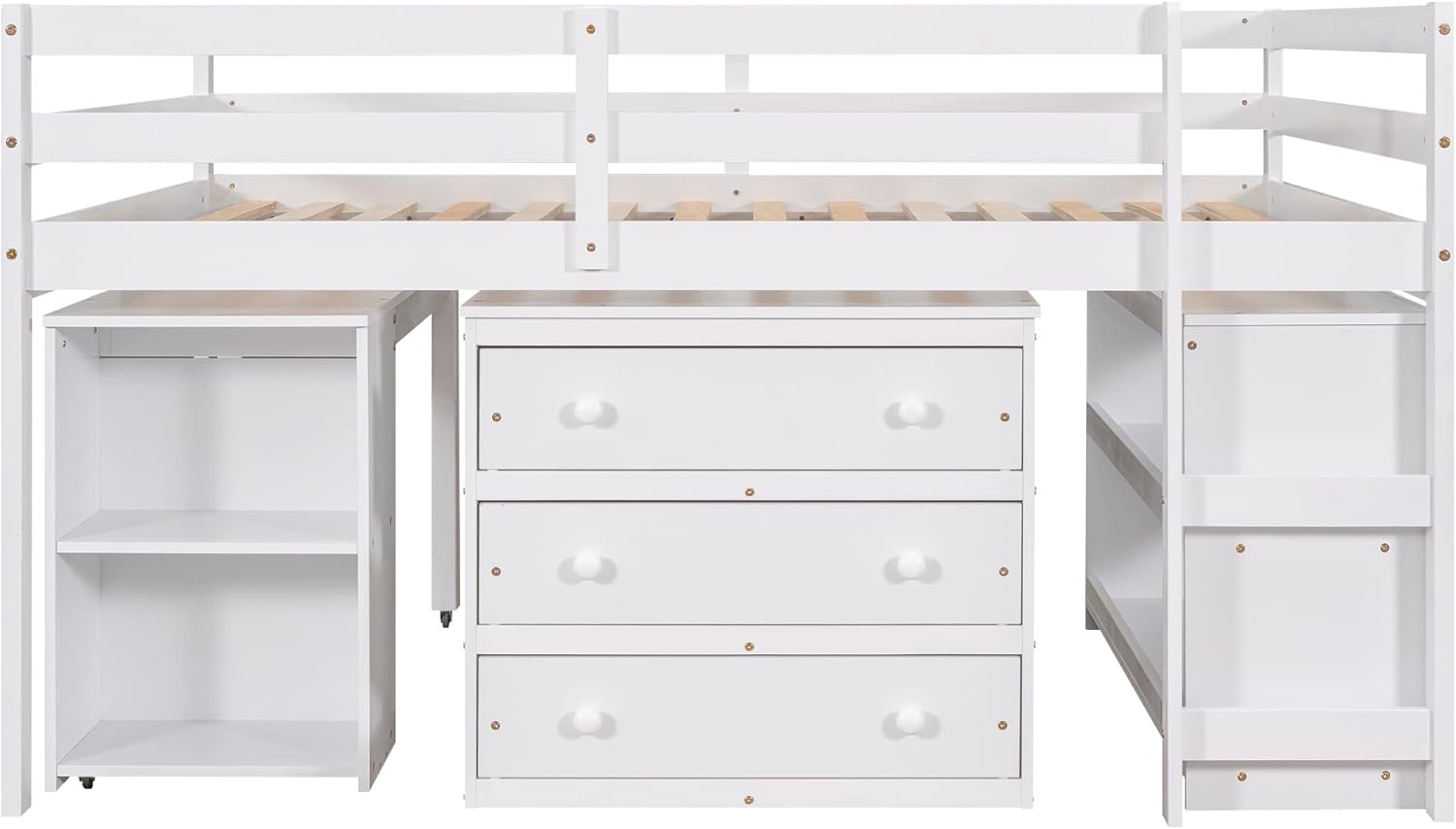 Harper & Bright Designs Full Size Low Loft Bed with Rolling Portable Desk and Storage, Solid Wood Low Loft Bed with Cabinet, Shelves, Multiple Functions Loft Bed Frame for Kids Teens Adults (White)