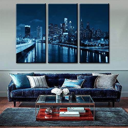 TUMOVO Wall Art Canvas Prints-Panorama Philadelphia Skyline Reflections on Water Image,Blue Black White Cityscape Picture Wall Decorations for Living Frame Room Ready to Hang(40â€˜â€™ x 20â€˜â€™ x 3 Panels)
