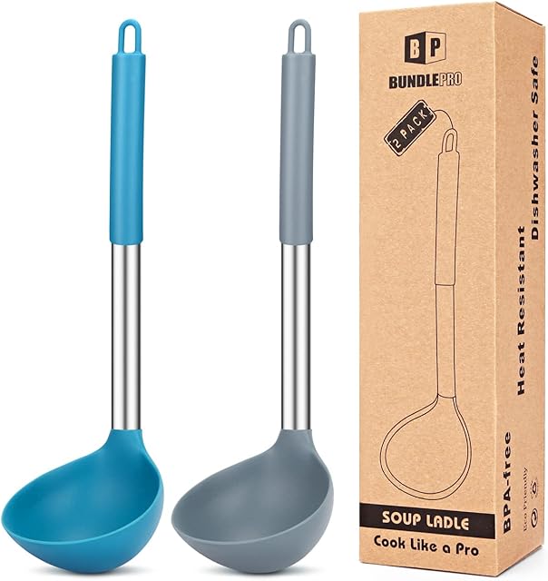 Pack of 2 Ladle Spoon,Silicone Large Spoons for Soup,Non Stick Kitchen Utensils with High Heat Resistant ,BPA Free Perfect Kitchen Tools for Cooking, Stirring ,Serving Soups (Gray-Blue)