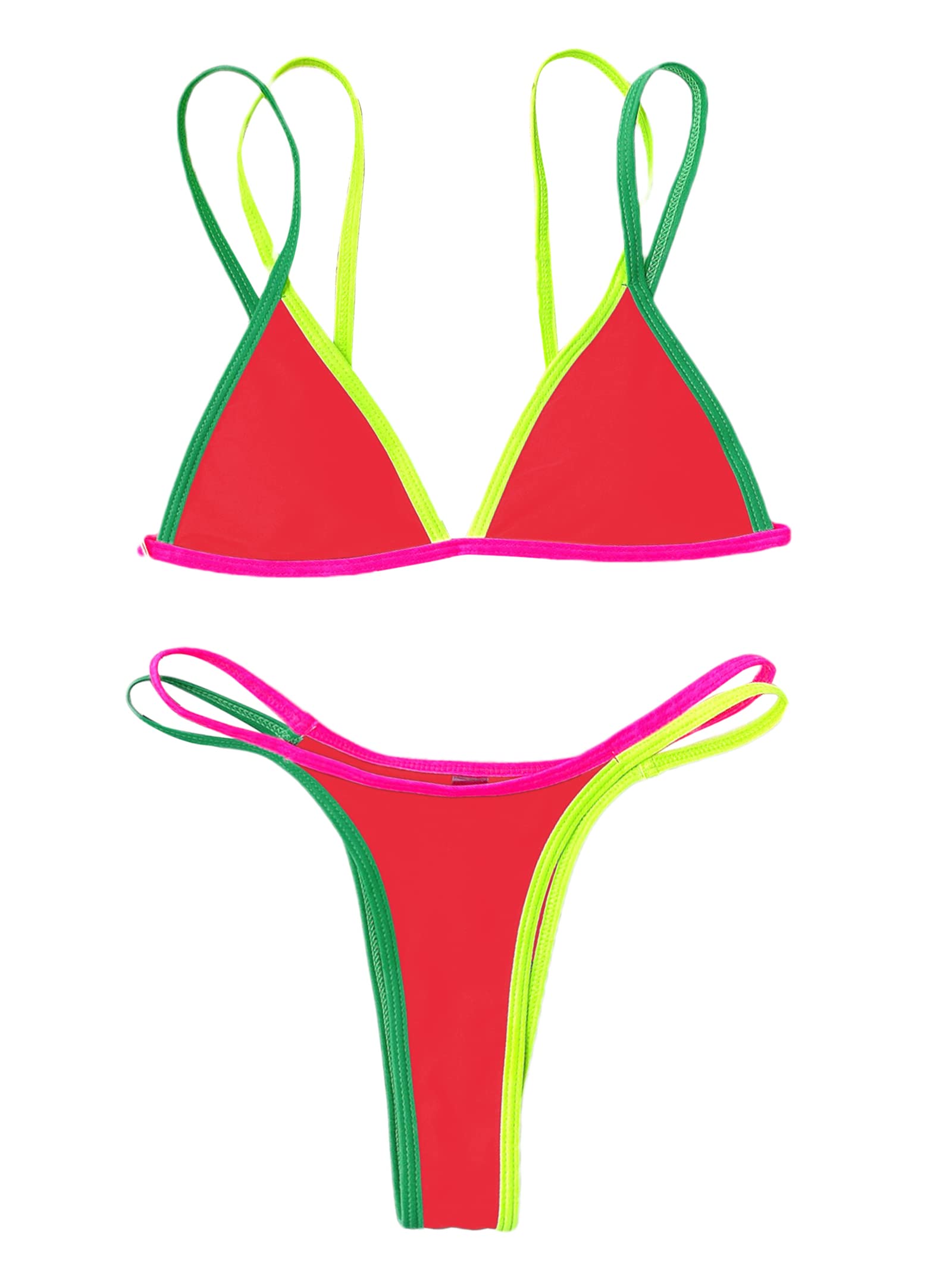 Photo 1 of Remidoo Women's Sexy Color Block High Cut Triangle Thong Bikini Set 2 Piece Swimsuits Small Red