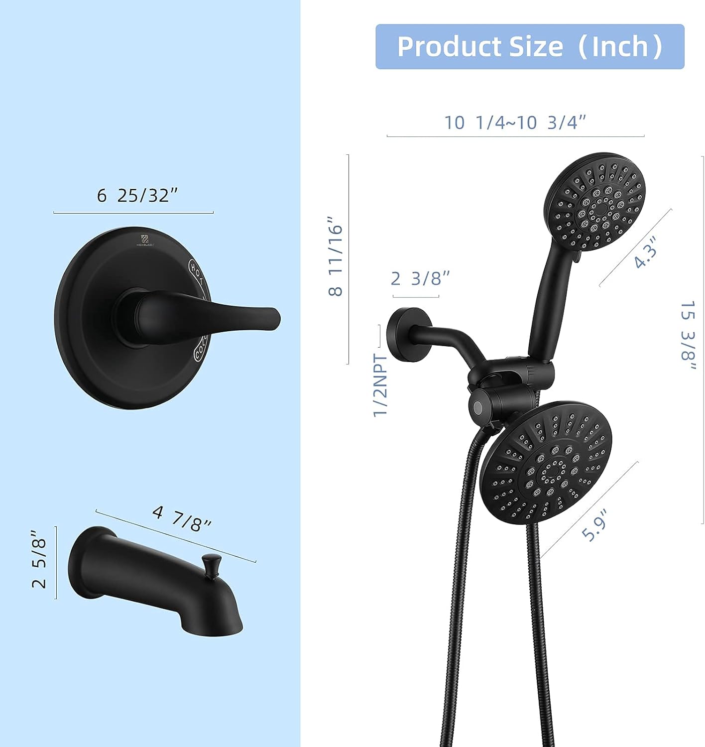 HOMELODY Shower Faucet Set Matte Black Bathtub Faucet Set,2 Shower Head Combo System for 25-Spray Modes,2 in 1 Shower Tub Kit with Diverter,Shower Trim Kit With Valved : Everything Else