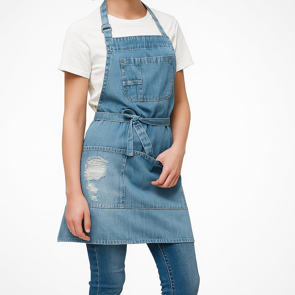 Denim Apron With 5 Pockets for Kitchens,Hairstylist Aprons for Women Men,Adjustable Bib Jean Apron for Arts Cafe Work - Image 6