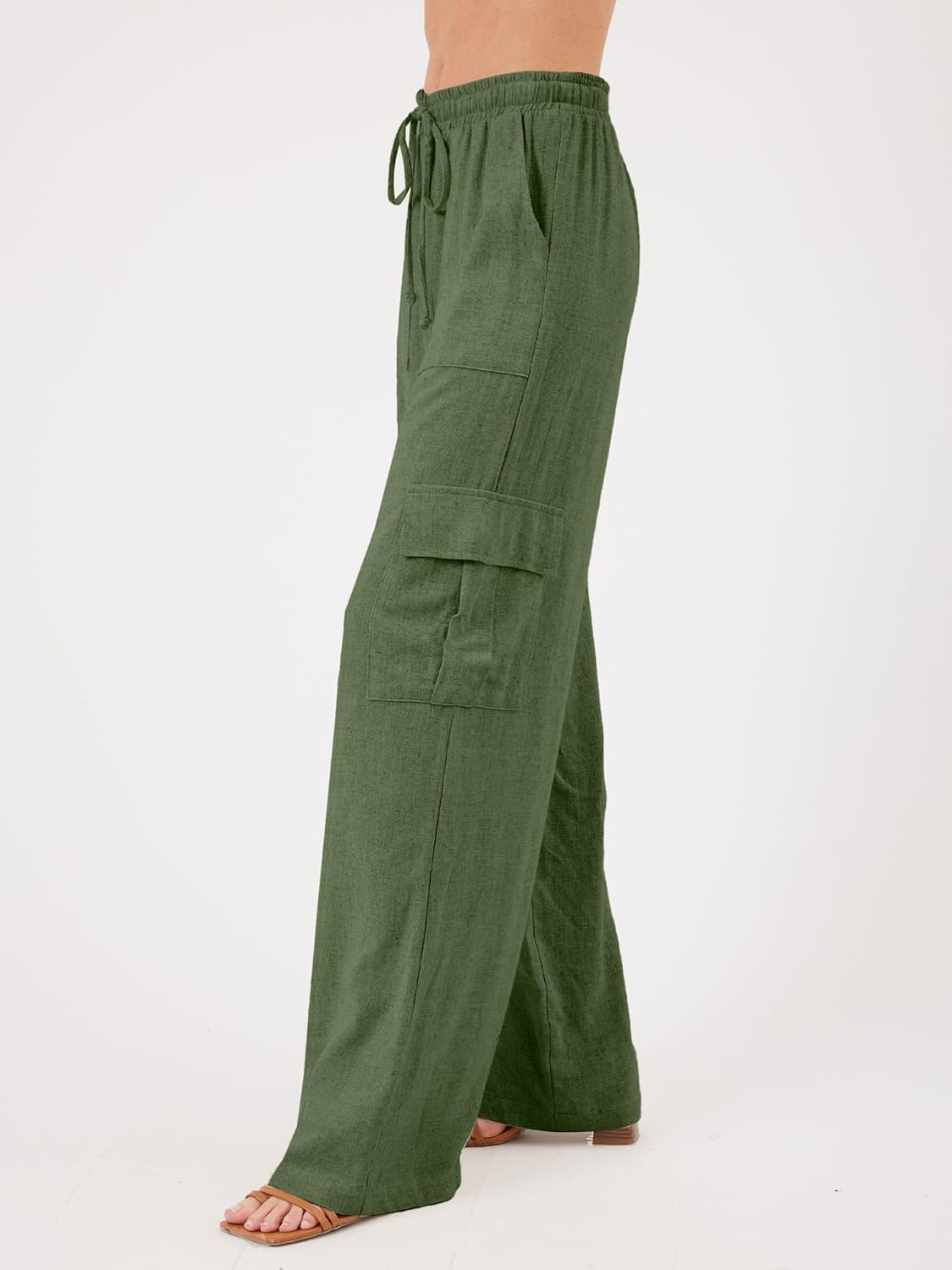 Beautiful Nomad Women's Linen Cargo Pants Casual High Waisted Wide Leg Pant Baggy Trousers with Pockets Green - Image 3