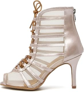 Women Open Toe Dance Boots Latin Salsa Ballroom Lace-up Ankle Dance Shoes,YCL456