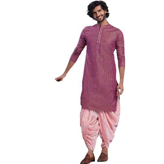 Men's Kurta, Pink Cotton, Geometric Regular Fit Mandarin Collar Long Sleeves