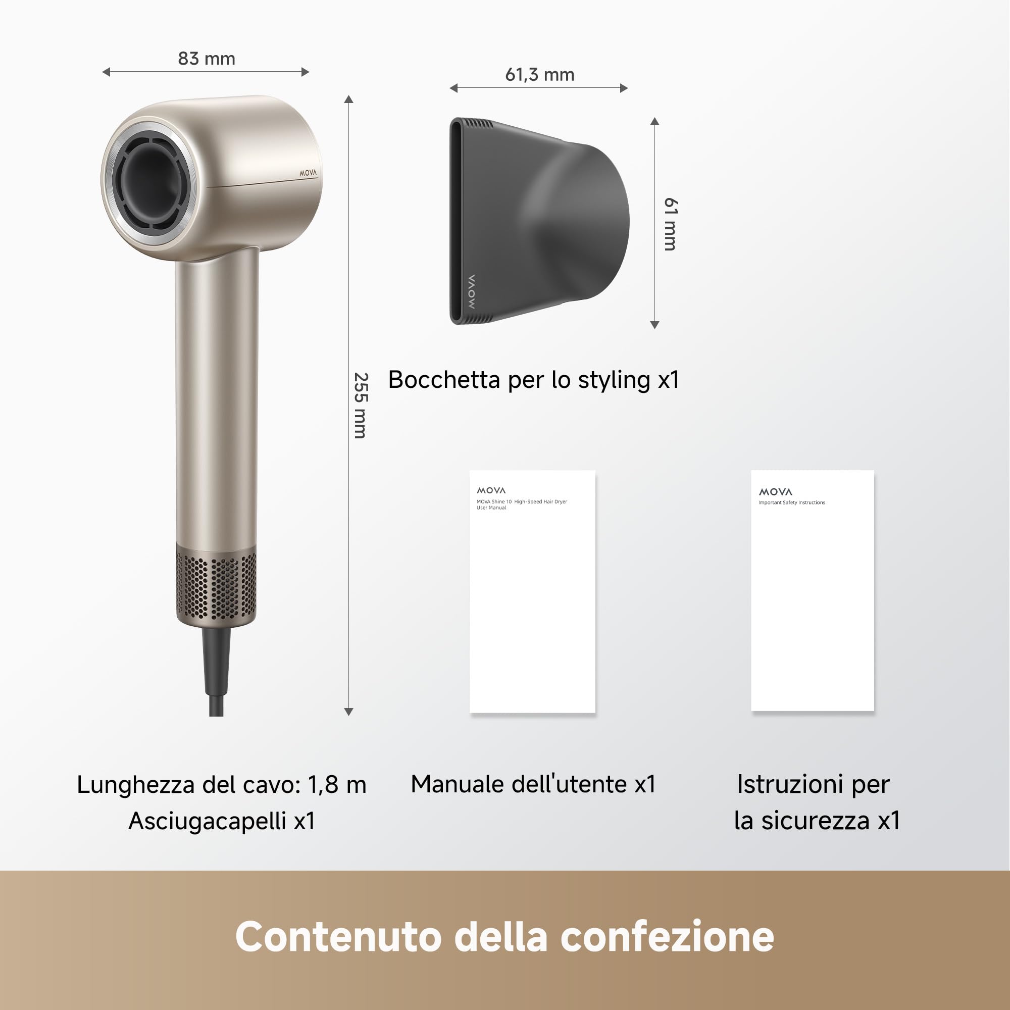MOVA Shine 10 Asciugacapelli, Asciugatura Rapida with Technology of Blocco dell'umidità, Motore Brushless 110.000 RPM, Cura al Plasma, with Concentratore, Thermo-Control NTC 1.000x/s, Oro