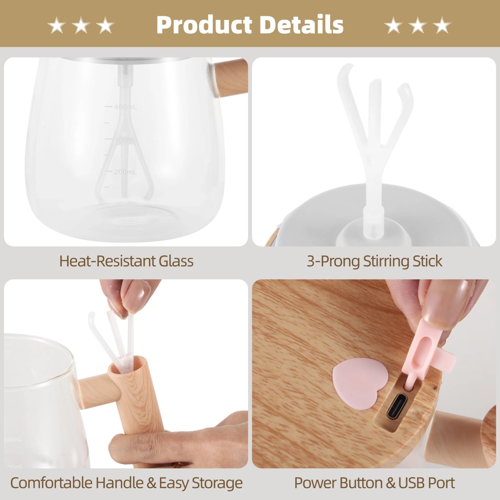 2-Pack Electric Mixing Glass Mugs, 400 Ml Self-Stirring Portable Cups with Lid and Handle, Rechargeable Rotating Blender for Juices and Coffee