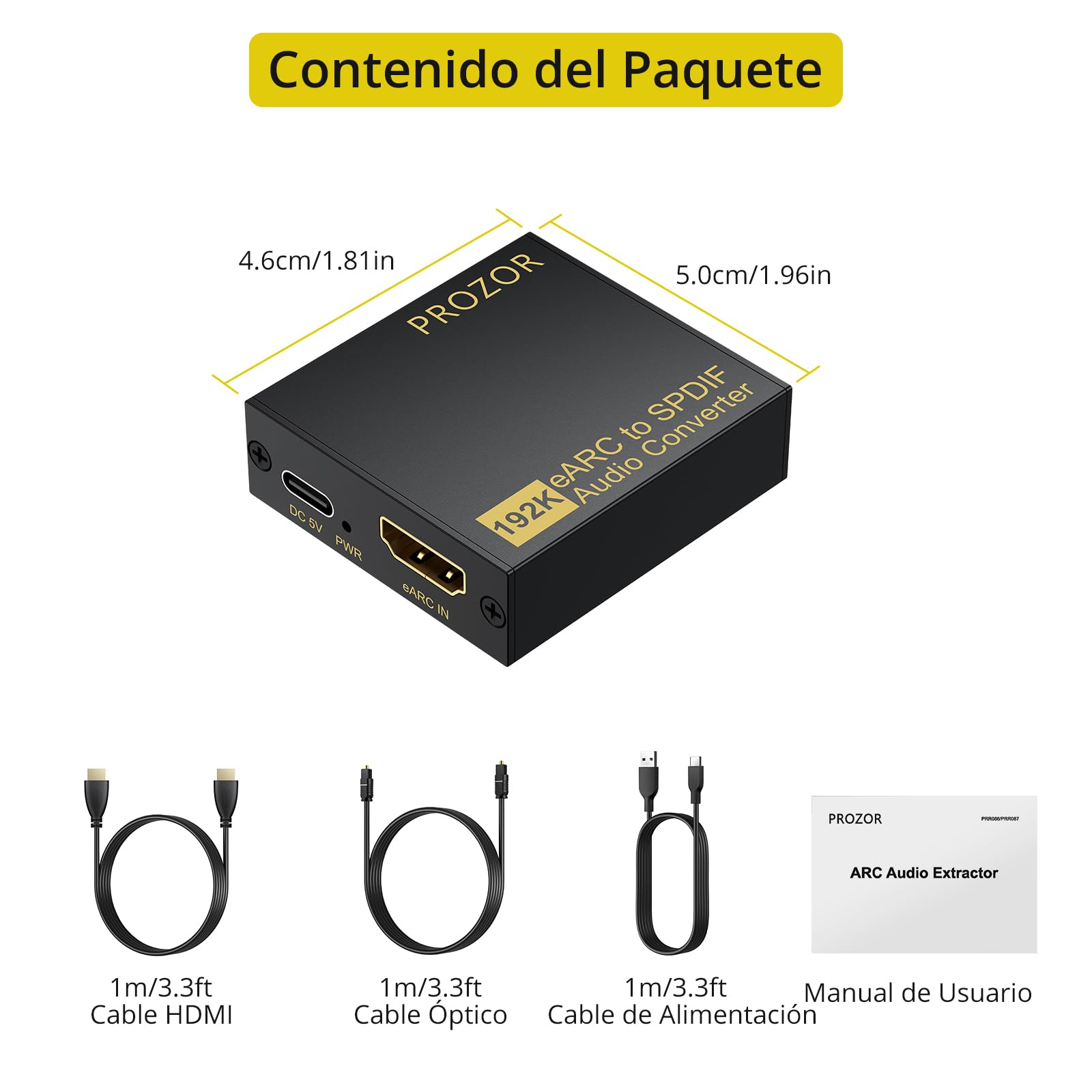 PROZOR Extractor de Audio HDMI eARC ARC Convertidor HDMI a Óptico Toslink 192KHz 24bit Adaptador ARC a Óptico Compatible con PCM Dolby DTS 5.1 2.0 para TV Barra de Sonido Auriculares Cine en Casa