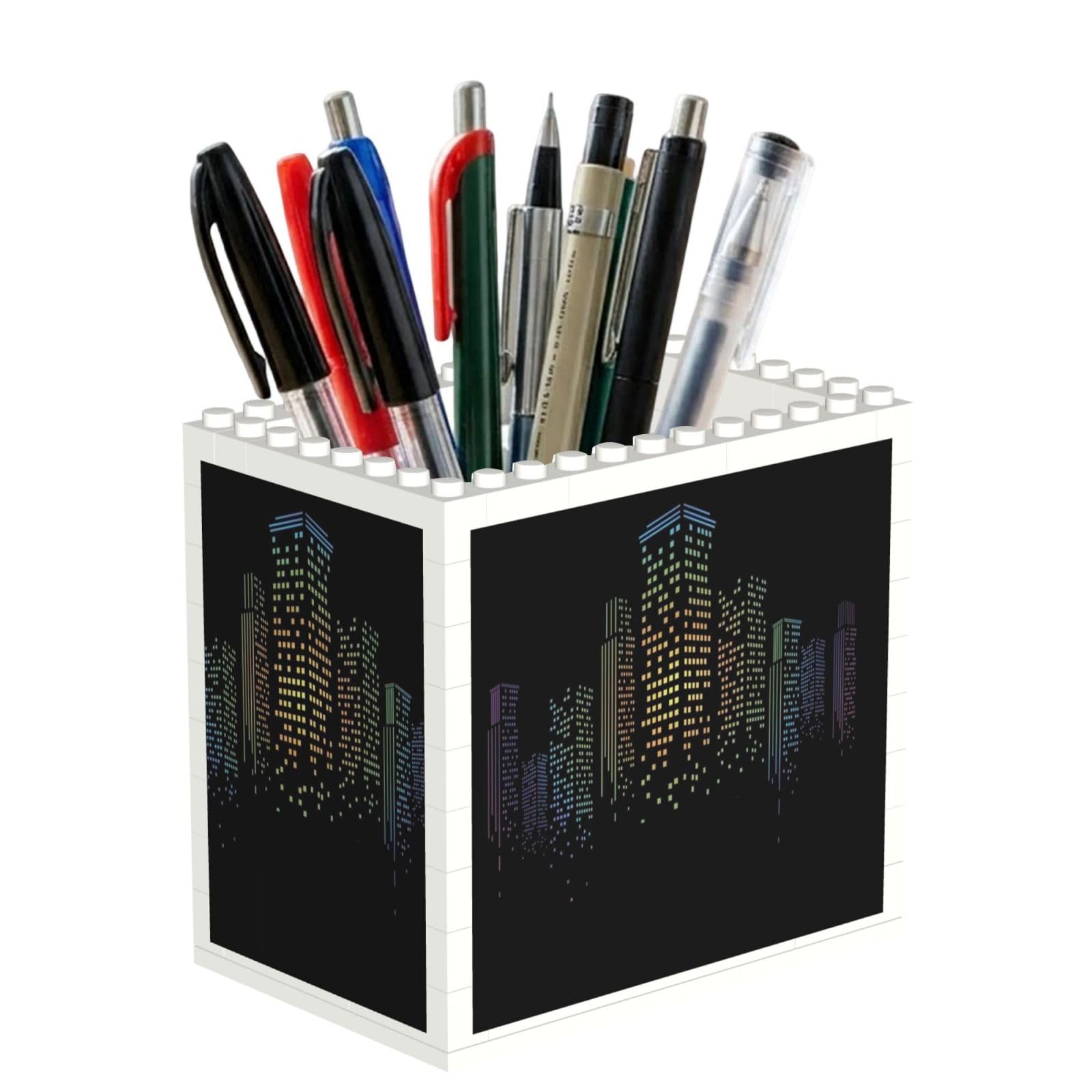 SATUSA Night Building Print Building Block Texture Pen Holder - Pencil Holder For Desk Pen Organizer,Aesthetic Desk Accessories For Women(1pcs)