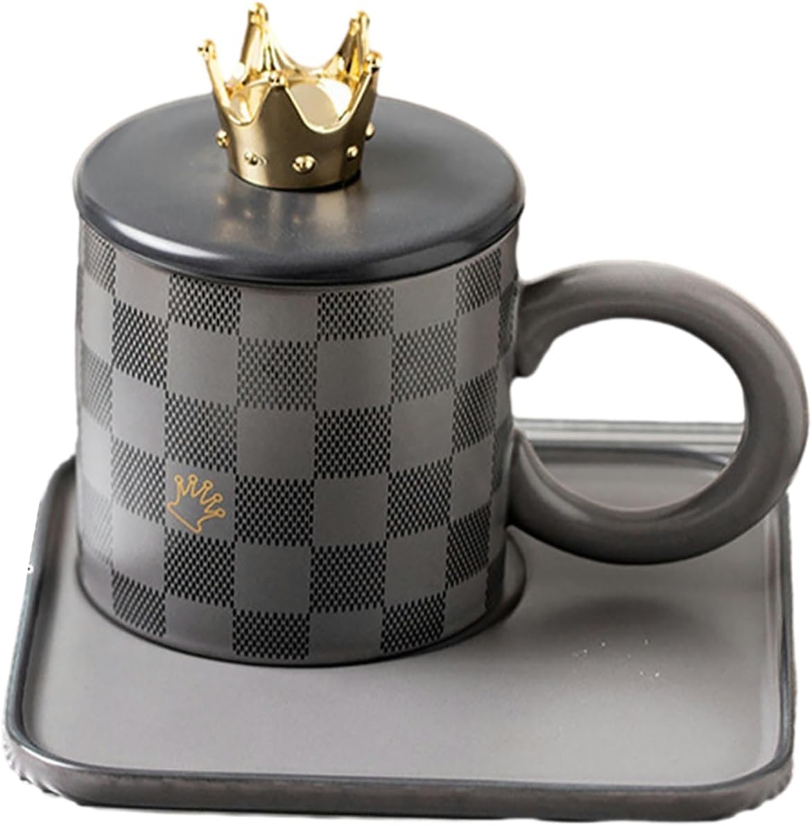 260ml Creative chessboard ceramic cups and plates with lids, large round handles, mugs, microwave ovens, office and home coffee cups-coffee