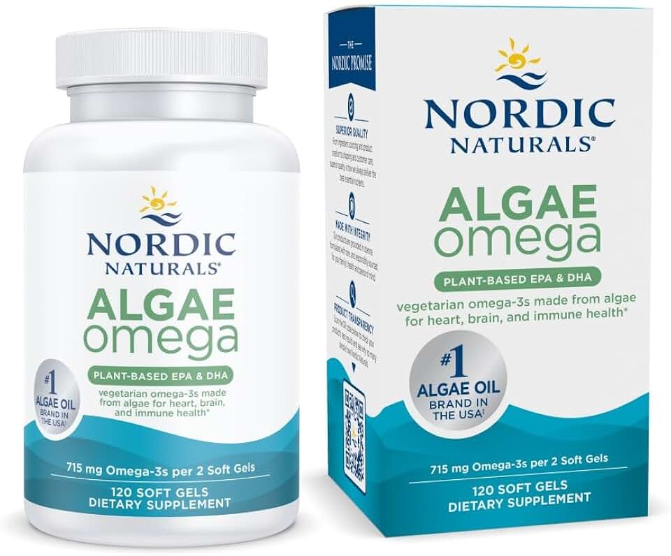 Nordic Naturals Algae Omega - 120 Soft Gels - 715 mg Omega-3 - Certified Vegan Algae Oil - Plant-Based EPA &amp; DHA - Heart, Eye, Immune &amp; Brain Health - Non-GMO - 60 Servings