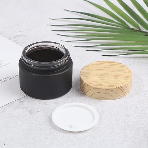Miniatura 4 de 10 frascos vacíos de 0.35 oz/0.3 fl oz, frascos vacíos de vidrio esmerilado negro para crema, frascos con tapas de grano de madera, recipiente para
