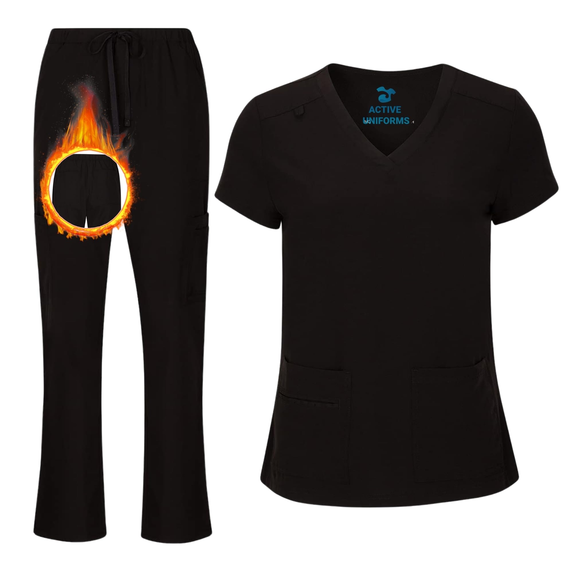 ACTIVE UNIFORMS Women's Cool Stretch V-Neck Top and Cargo Pant Scrub Set with Regular and Petite Sizes, Black (Medium)