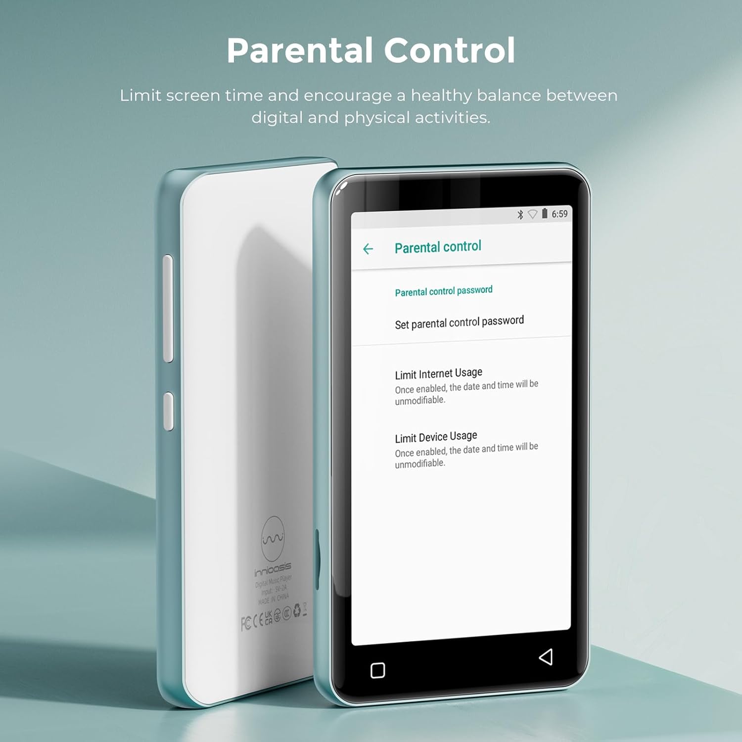 innioasis 80GB MP3 Player with Bluetooth and WiFi, MP3 Player for Kids with Spotify, Spotify Kids, Pandora, Audible, 4.0" Touch Screen Music Player with Parental Controls, Up to 1TB (White+ Sky-Blue) - Image 3