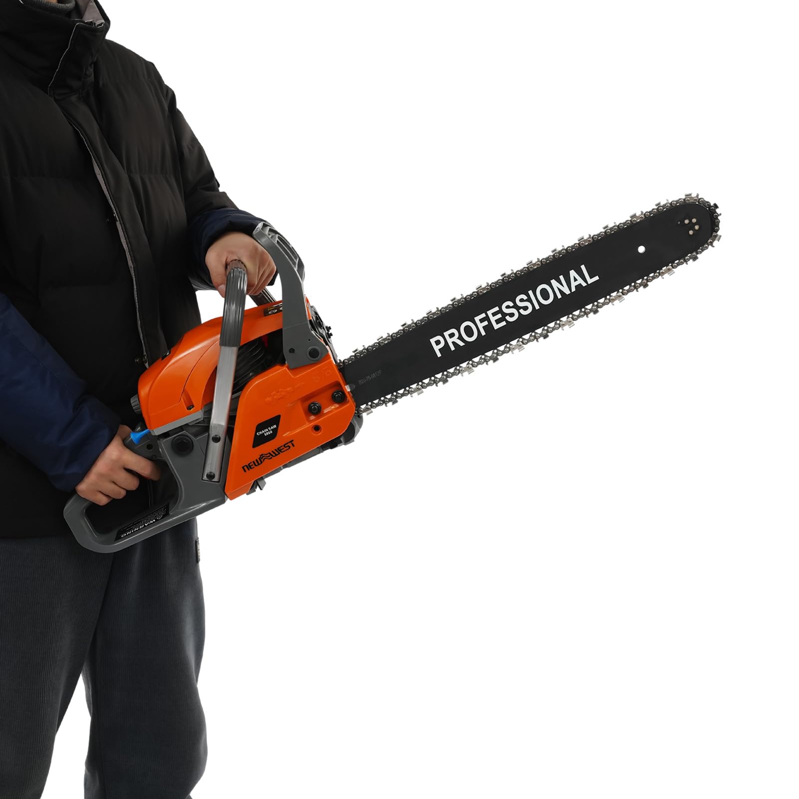 Piła łańcuchowa spalinowa 58 cm³, miecz 20", silnik 2-suwowy, redukcja wibracji, automatyczne smarowanie łańcucha, do pielęgnacji ogrodu, drewna opałowego i cięcia drzew, w tym funkcje bezpieczeństwa