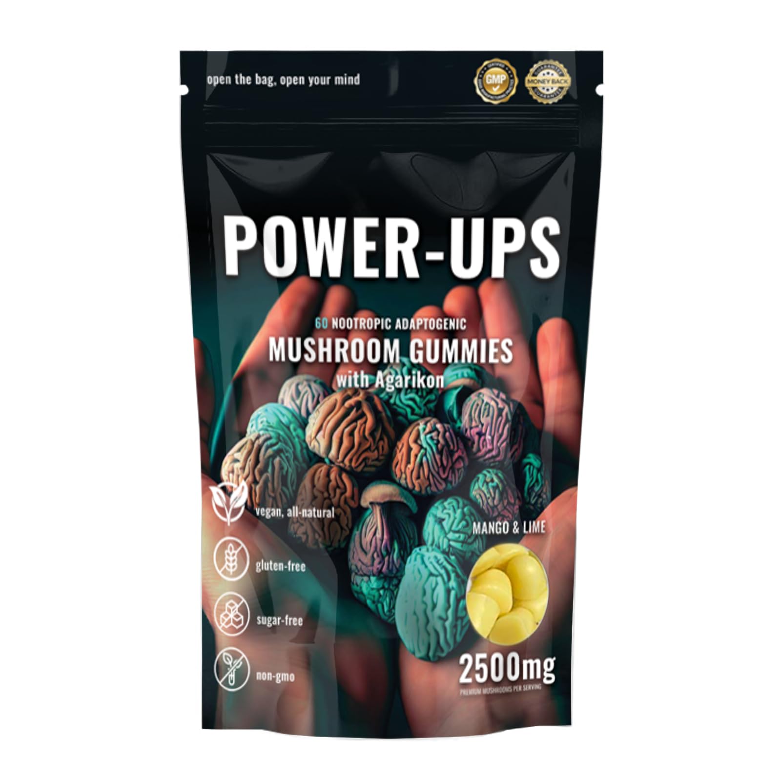Power-Ups Suplemento em gomas de cogumelos Agarikon, Mesima, Lion's Mane, Reishi e Chaga, sabor manga e limão, 60 gomas