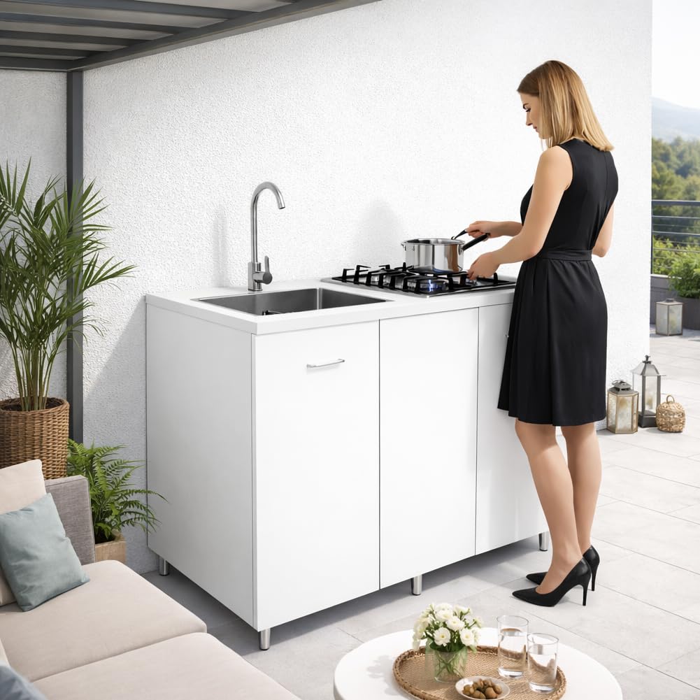 Shally Dogan Sottolavello Cucina 120 x 60 x 85 cm completo di Piano Cottura 4 Fuochi e Lavello in Acciaio Zincato 50 x 40 cm a sinistra, Rubinetteria Completa con Fontana e Accessori Inclusa (Bianco)