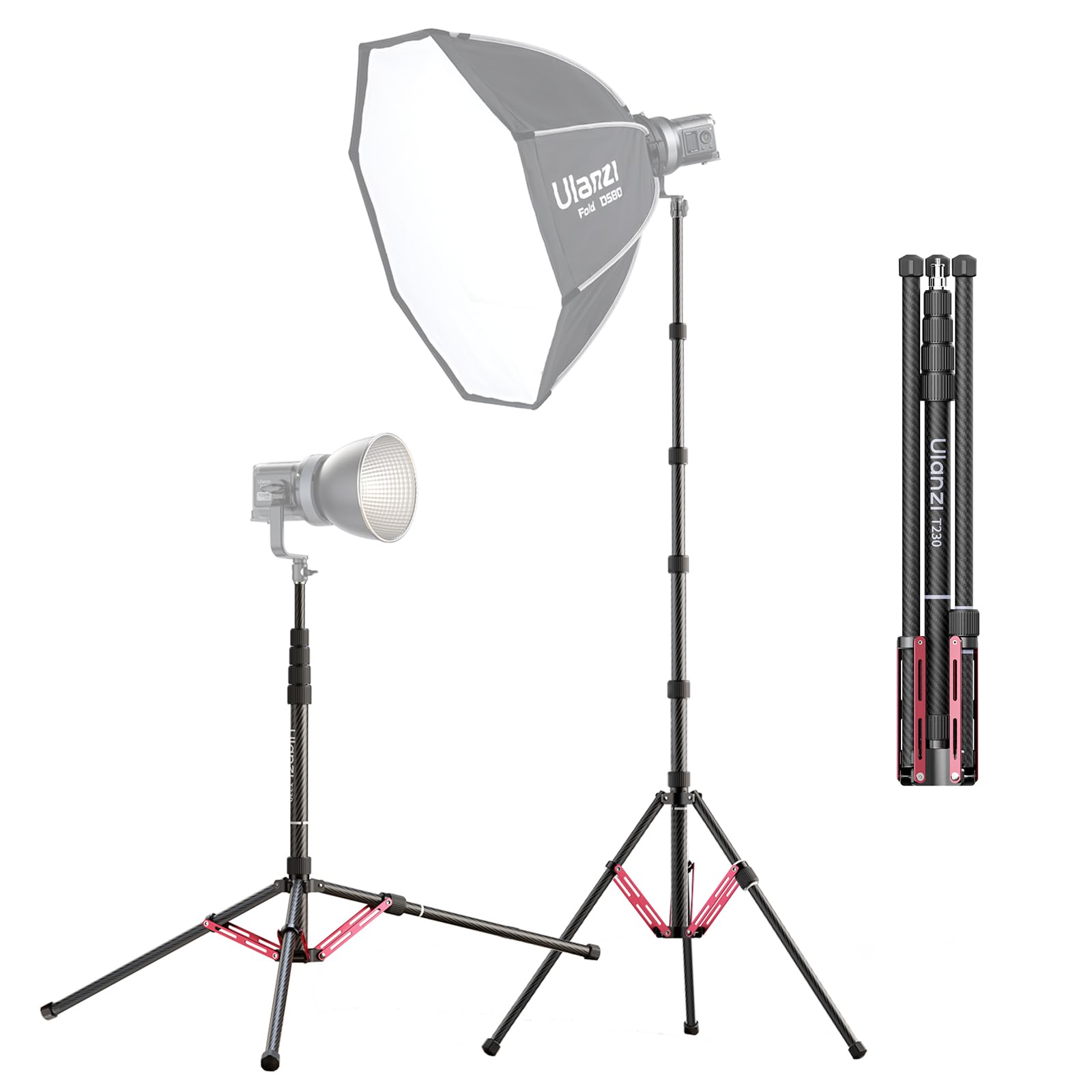 ULANZI Soporte de luz de fibra de carbono T230, trípode ajustable para fotografía con clip de teléfono, trípode resistente de estudio de 230 cm para flash Speedlight, softbox, cámara de luz