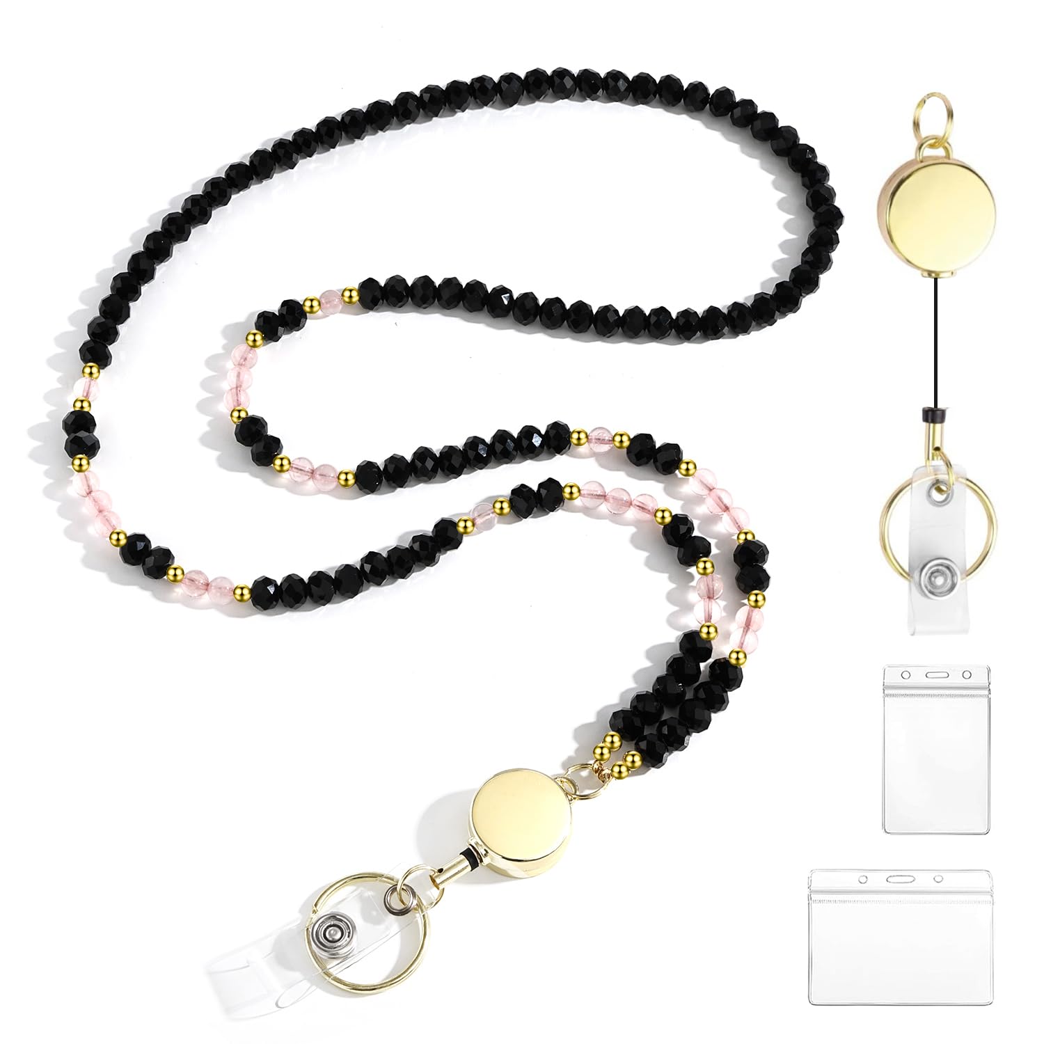 ACLOKOO Lanyards for ID Badges for Women Cute,Teacher Lanyard for Women Retractable Natural Crystal Beaded Lanyards for Keys