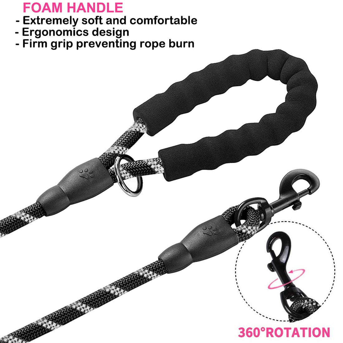 JSXD Correa de perro de doble asa resistente, 5 pies, acolchada y reflectante, cuerda para perros pequeños a grandes (negro)