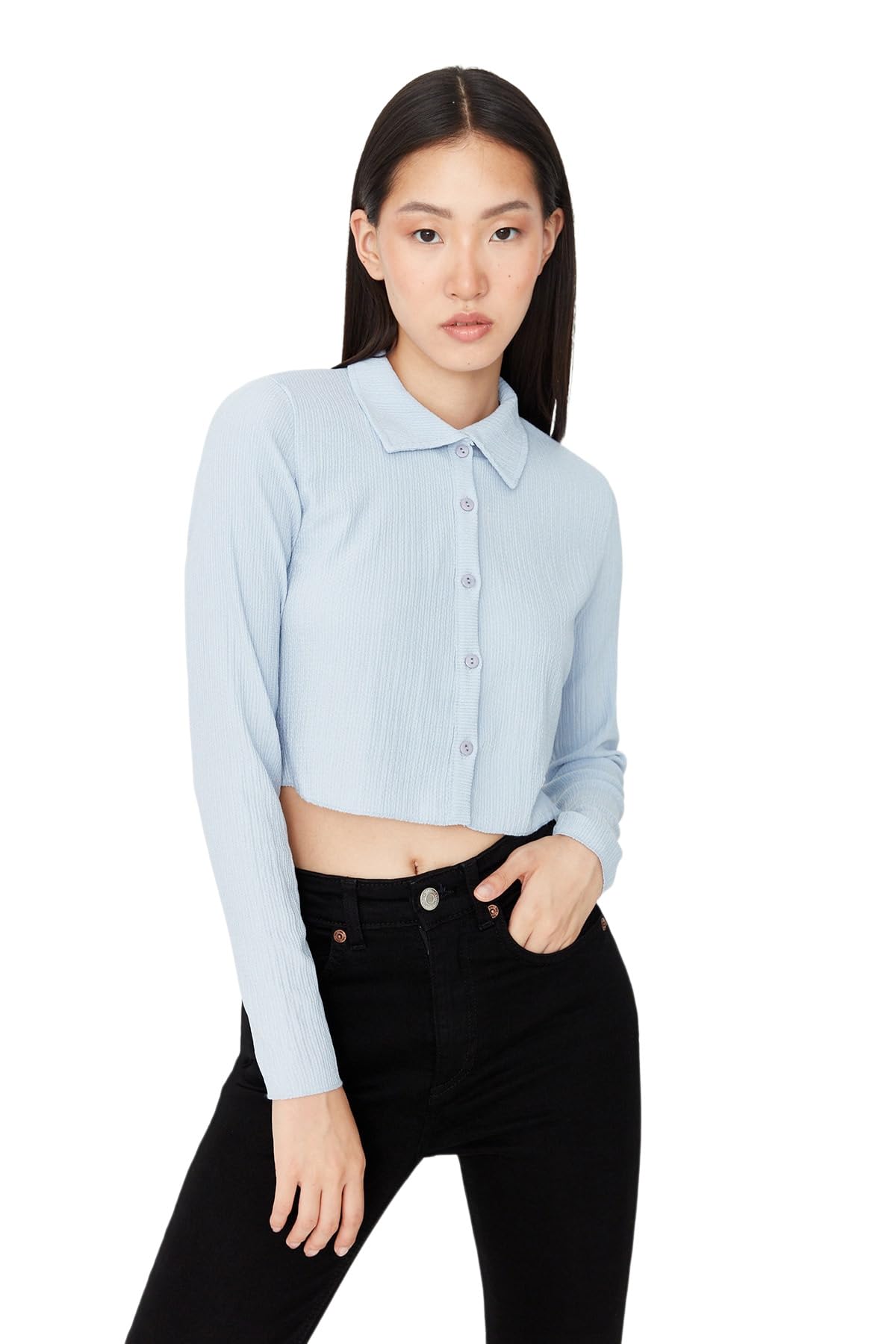 Trendyol Women Regular Basic Polo Neck Knit Blouse Light Blue