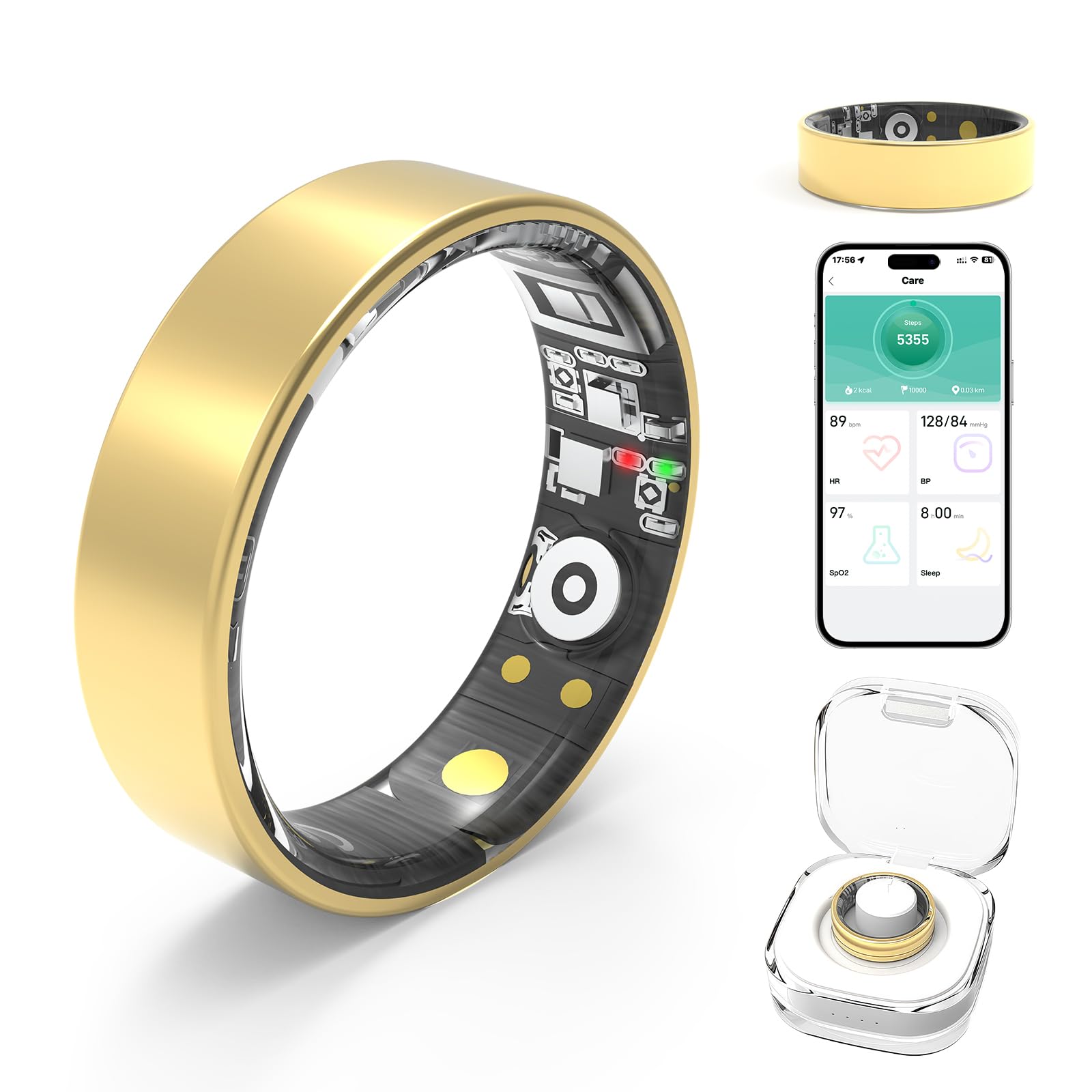 Smart Rings for Women Men,Fitness Tracker Ring,Heart Rate,Blood Oxygen,Blood Pressure,Step Tracker,Sleep Monitoring,No Subscription Fee,IP68 Waterproof FRAY Smart Ring for iPhone&Android(Gold 8)