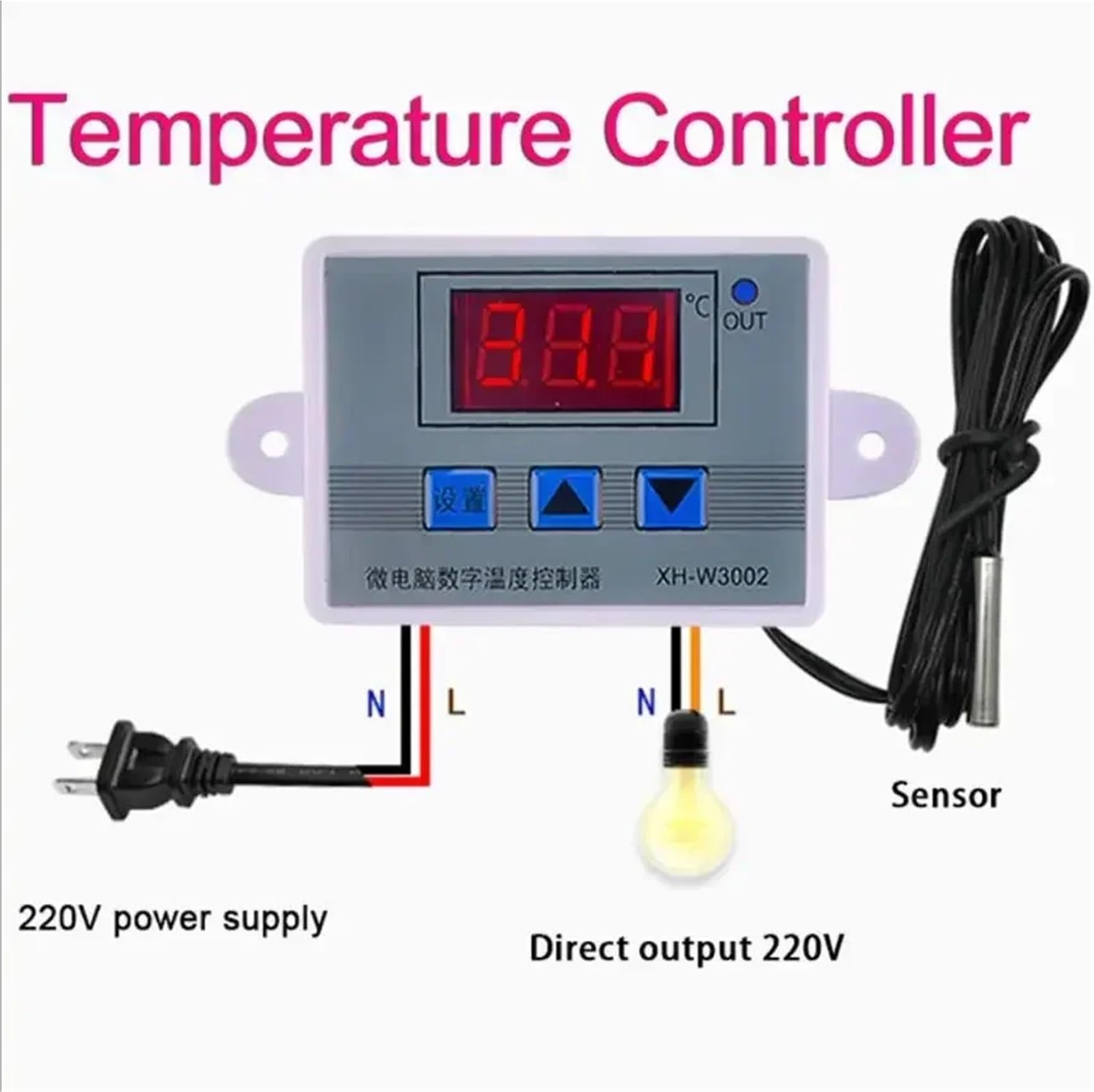 XH-W3002 10A 12V 24V 110V 220V AC Regolatore di temperatura LED digitale for incubatore Interruttore di riscaldamento e raffreddamento Termostato Sensore NTC(110V-220V1500W)