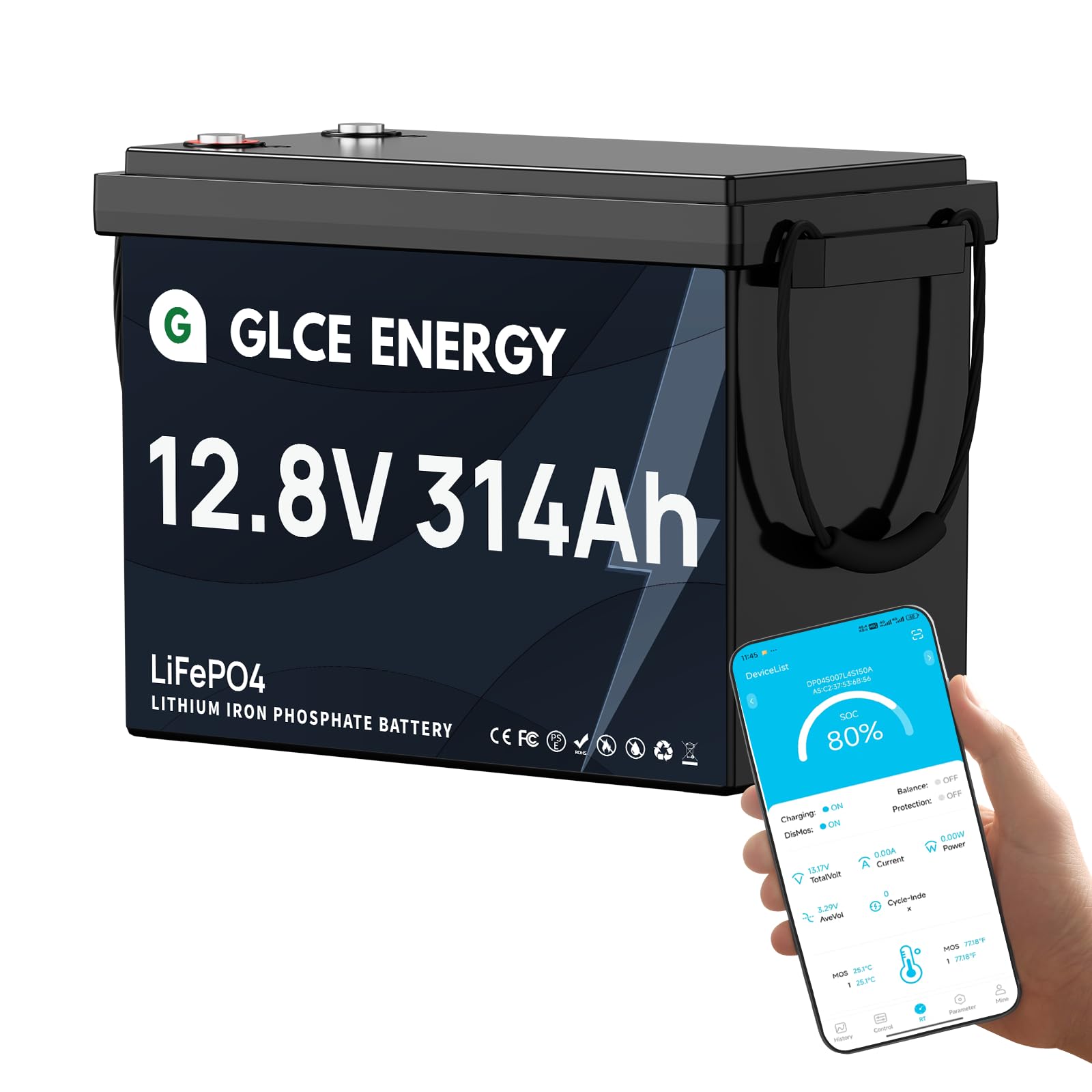 GLCE‑Energy - Batteria LiFePO4, 12 V, 300 Ah (314 Ah), 4000-15000 a ciclo profondo, Bluetooth 200 A, BMS, batteria al litio 4019 Wh, adatta per impianti solari, camper, impianti di archiviazione