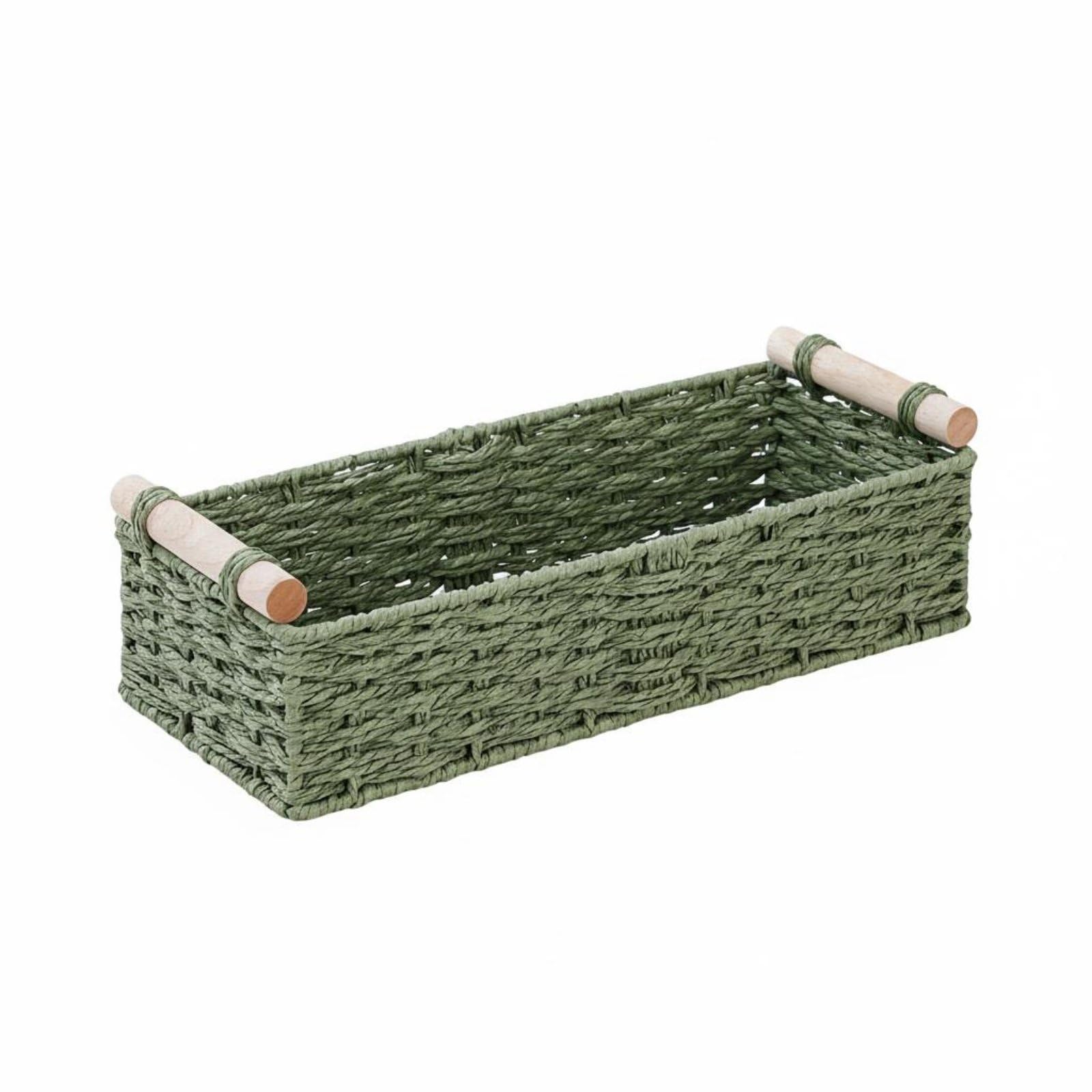 F Fityle Cesta de Almacenamiento de Cuerda de Papel Cesta Caja Organizador Rectangular con Asas de Madera y Toque Rústico Armazón de Alambre para Mayor, Verde