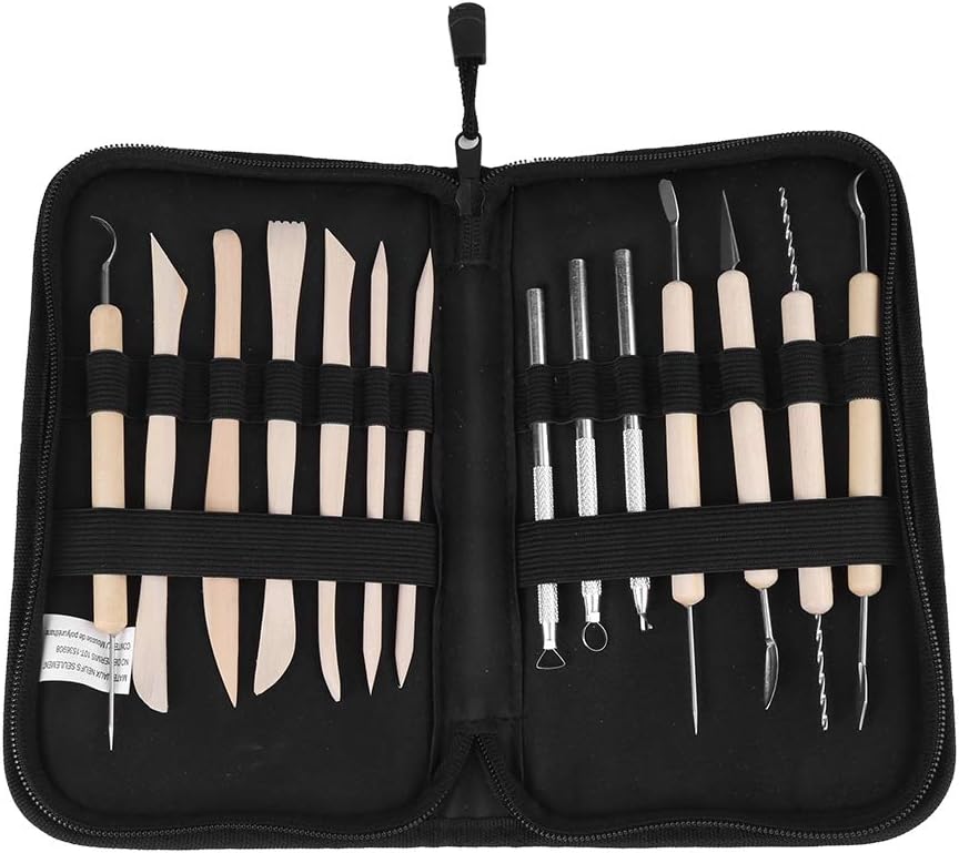 ANKROYU 14Pcs Professional Wooden Wax Clay Carving Tools Set with Metal Sculpting Kit and Oxford Storage Bag for Pottery Modeling DIY Art Projects Crafts Sculpture