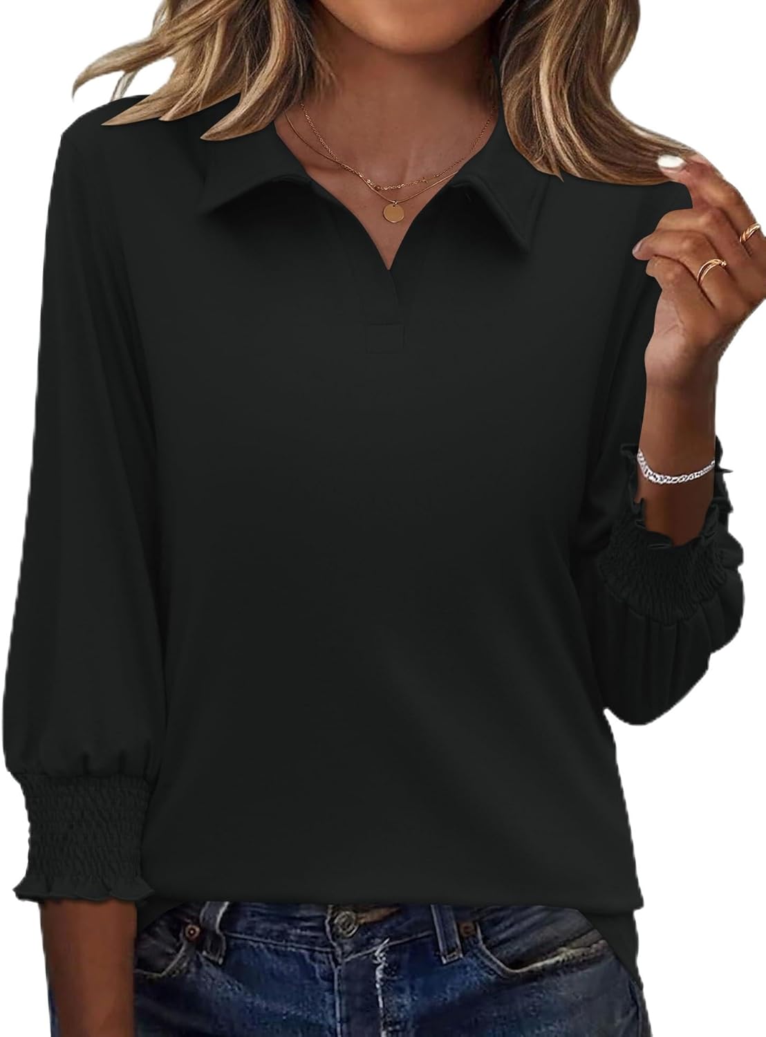 Ivicoer Womens 3/4 Length Sleeves Polo Shirts Collared Tops Business Casual Blouses Basic Tees Trendy Outfits Spring Clothes