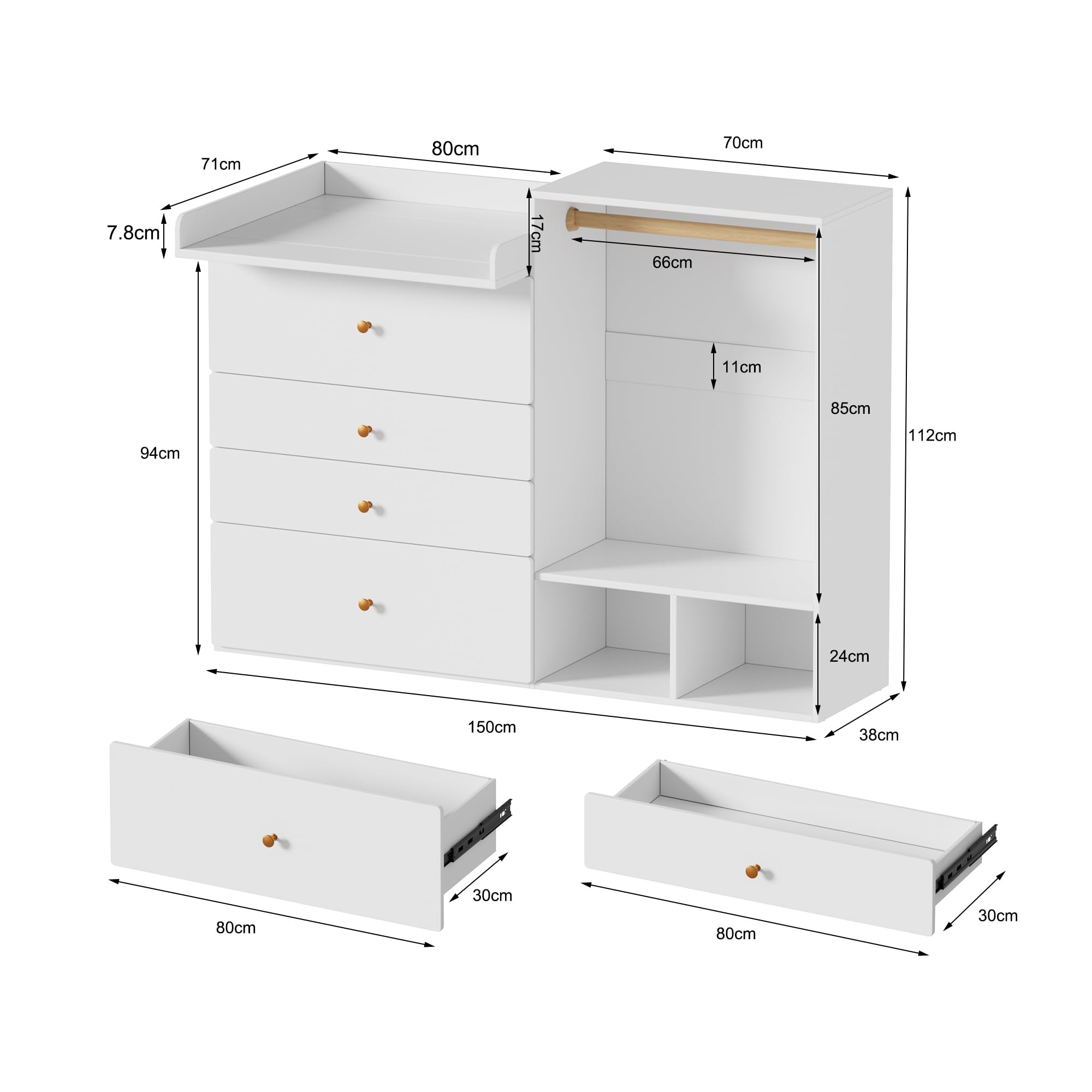 MSFE Cambiador Bebe con 4 Cajones, área para colgar ropa, Mueble Cambiador bebe, Cómoda cambiadors, Estantes laterales,No incluye cojín de mesa, 150x112x38cm, fino a 100KG, Dos paquetes