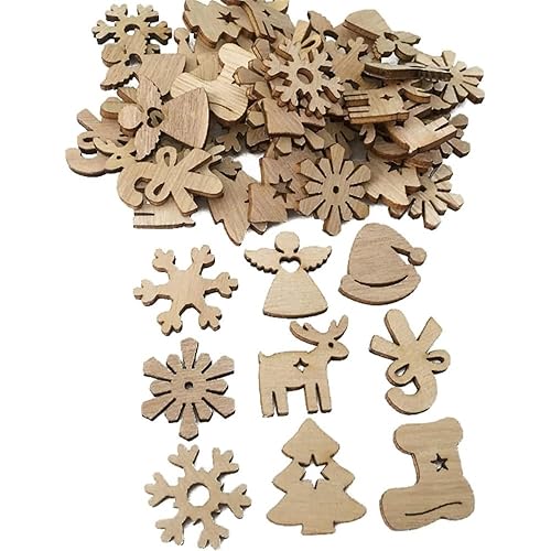 50Pcs Unfinished Wooden Christmas Ornament, Snowflake Angel Elk Tree Sock