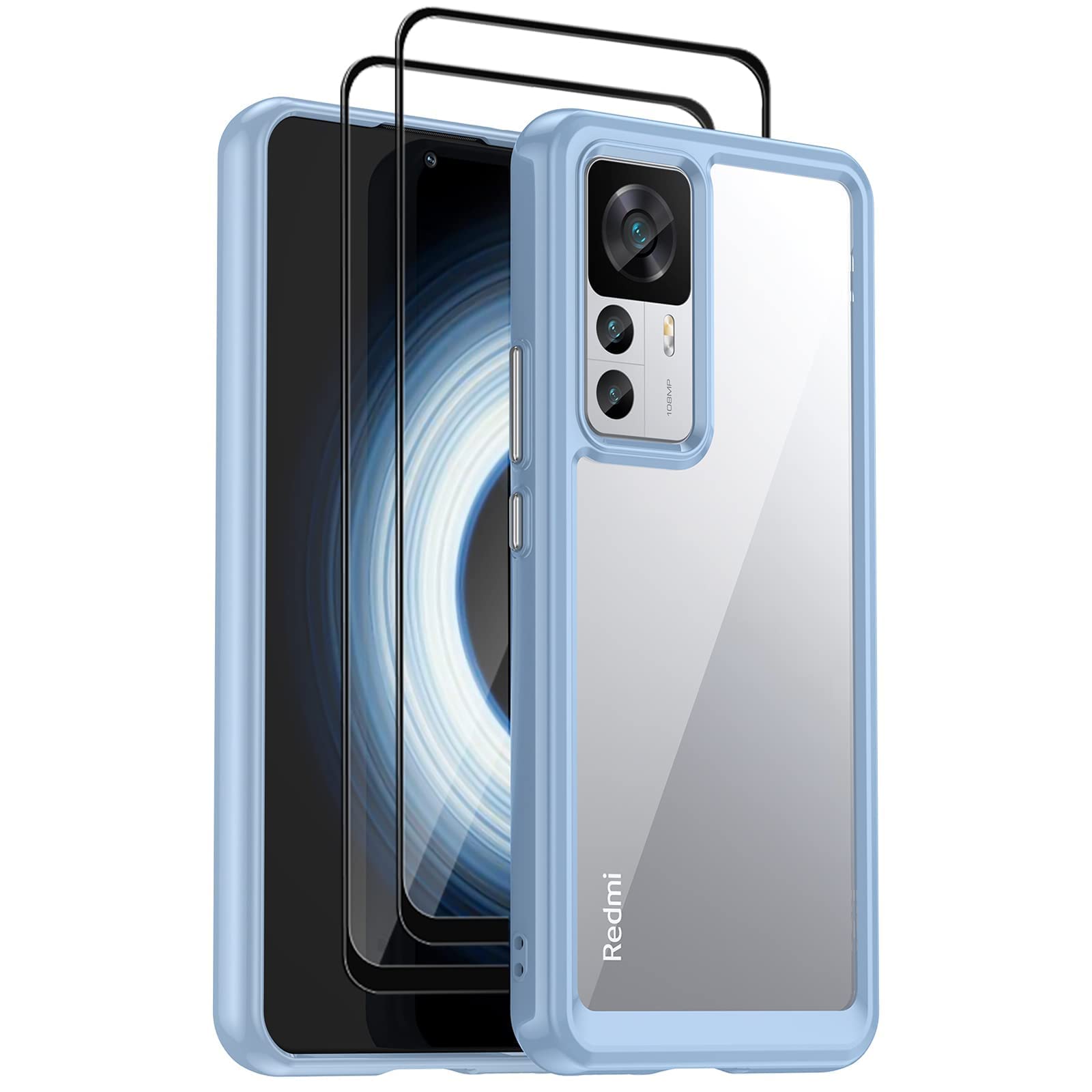 [1+2] Case for Xiaomi 12T/12T Pro, Transparent PC/TPU Frame Protective Case, TPU+PC Phone Case with 2 Tempered Glass Screen Protector [Scratch Resistant] (12T/12T Pro, Blue1)