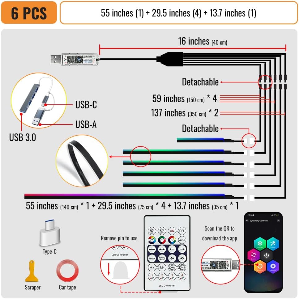 Acrylic Ambient Lighting Car Interior, 6 in 1 Dream Color Acrylic Led Strips Fiber Optic Lights with APP USB Hub, 16 Million Colors 187 Inches Flexible Neon Music Sync Emotion Glow Light for Car Dash