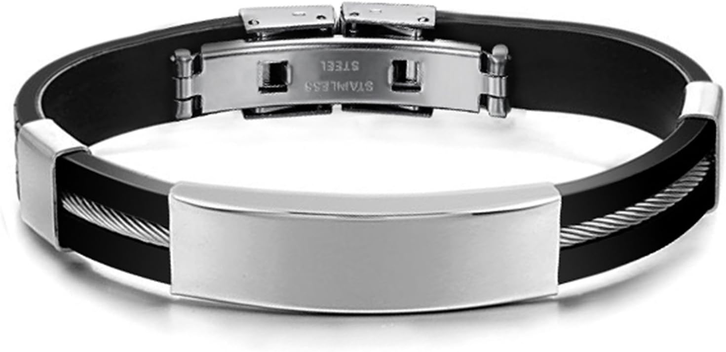 Silver Color Polish Surface Bracelet Titanium Stainless Steel Black Silicone Leather Bracelet For Men Jewelry