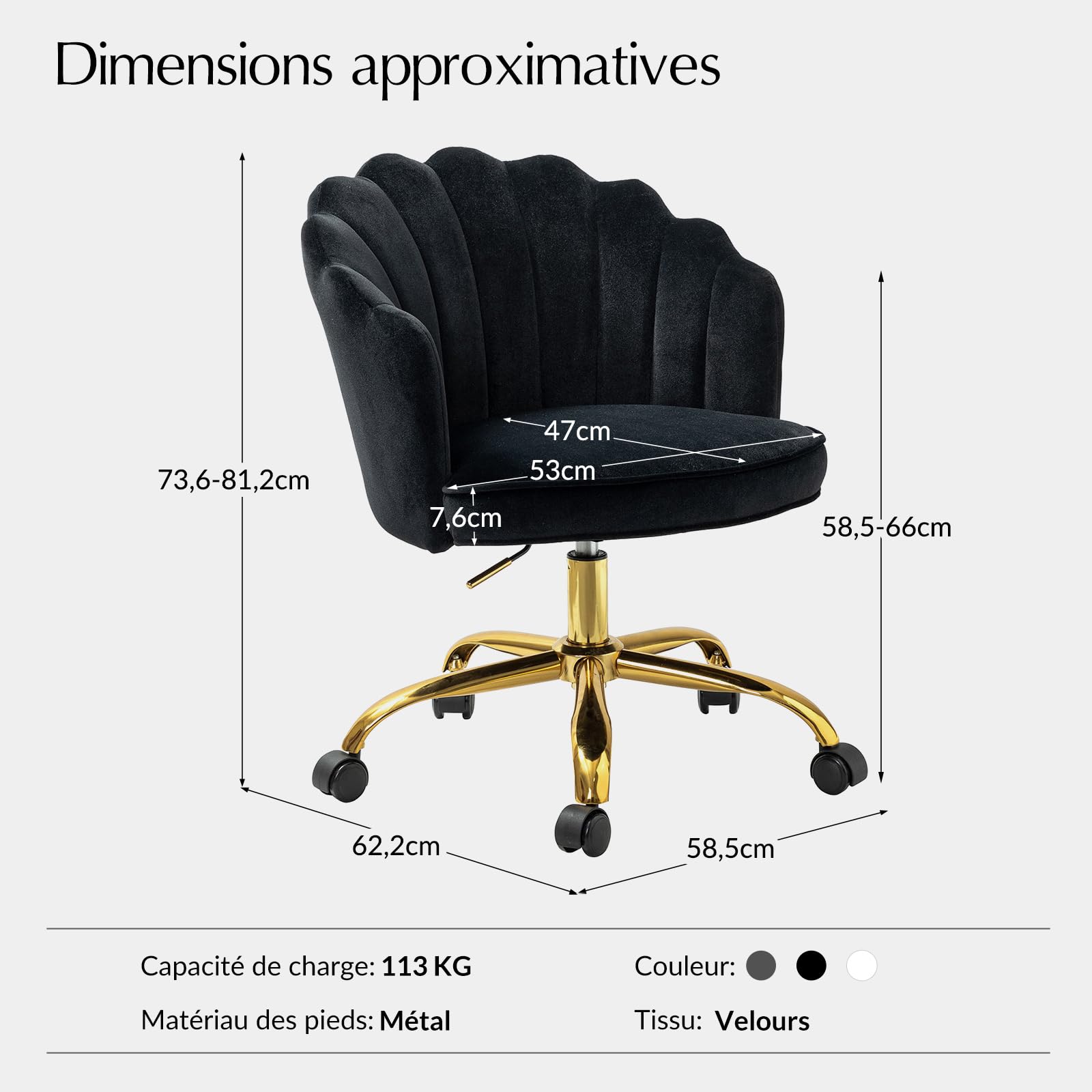 HULALA HOME Chaise de Bureau sans Bras en Velours, Fauteuil de Bureau Mignonne en Velours Moderne, Siège Roulante Pivotante à Dossier Bas Réglable,Chaise Bureau Fille,Noir