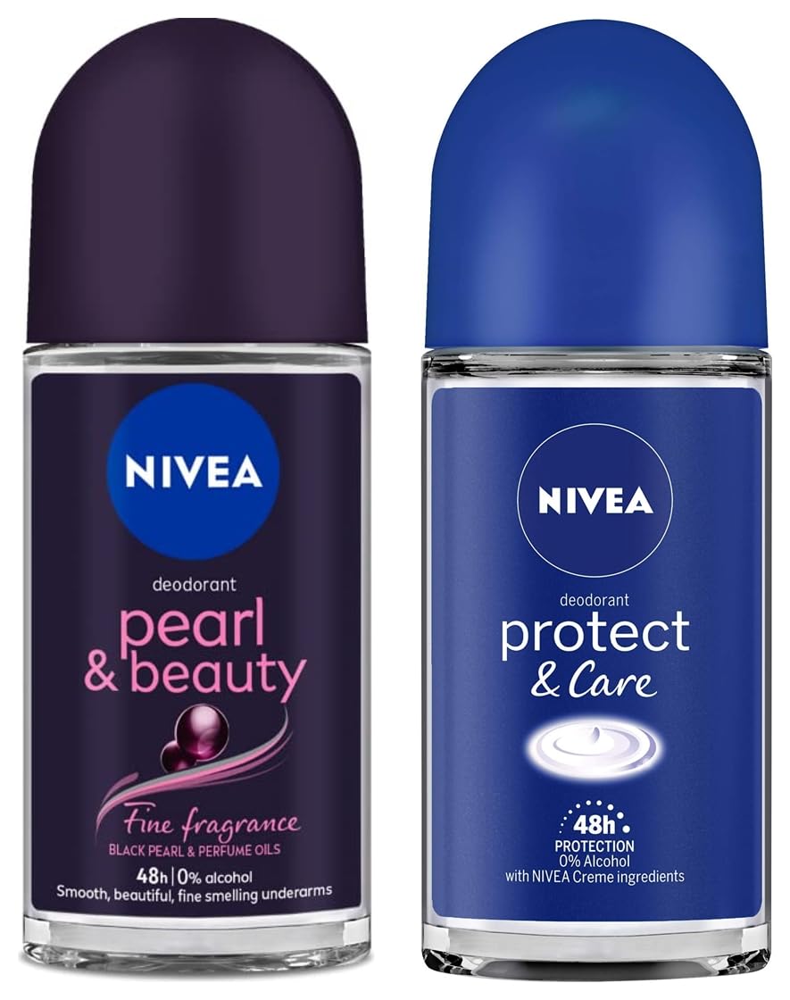 Nivea Women Deodorant Roll On, Pearl & Beauty Fine Fragrance For Fragrant Smooth & Beautiful Underarm Skin, 50ml&Nivea Deodorant Roll On, Protect & Care for Unisex, 50ml Nivea Women Deodorant Roll On, Pearl & Beauty Fine Fragrance For Fragrant Smooth & Beautiful Underarm Skin, 50ml&Nivea Deodorant Roll On, Protect & Care for Unisex, 50ml
