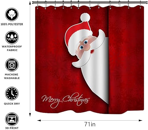 Miniatura 19 de Juego de 4 cortinas de ducha con alfombra antideslizante, cubierta para tapa de inodoro y tapete de baño, cortina de ducha de Papá Noel con 12 Papá