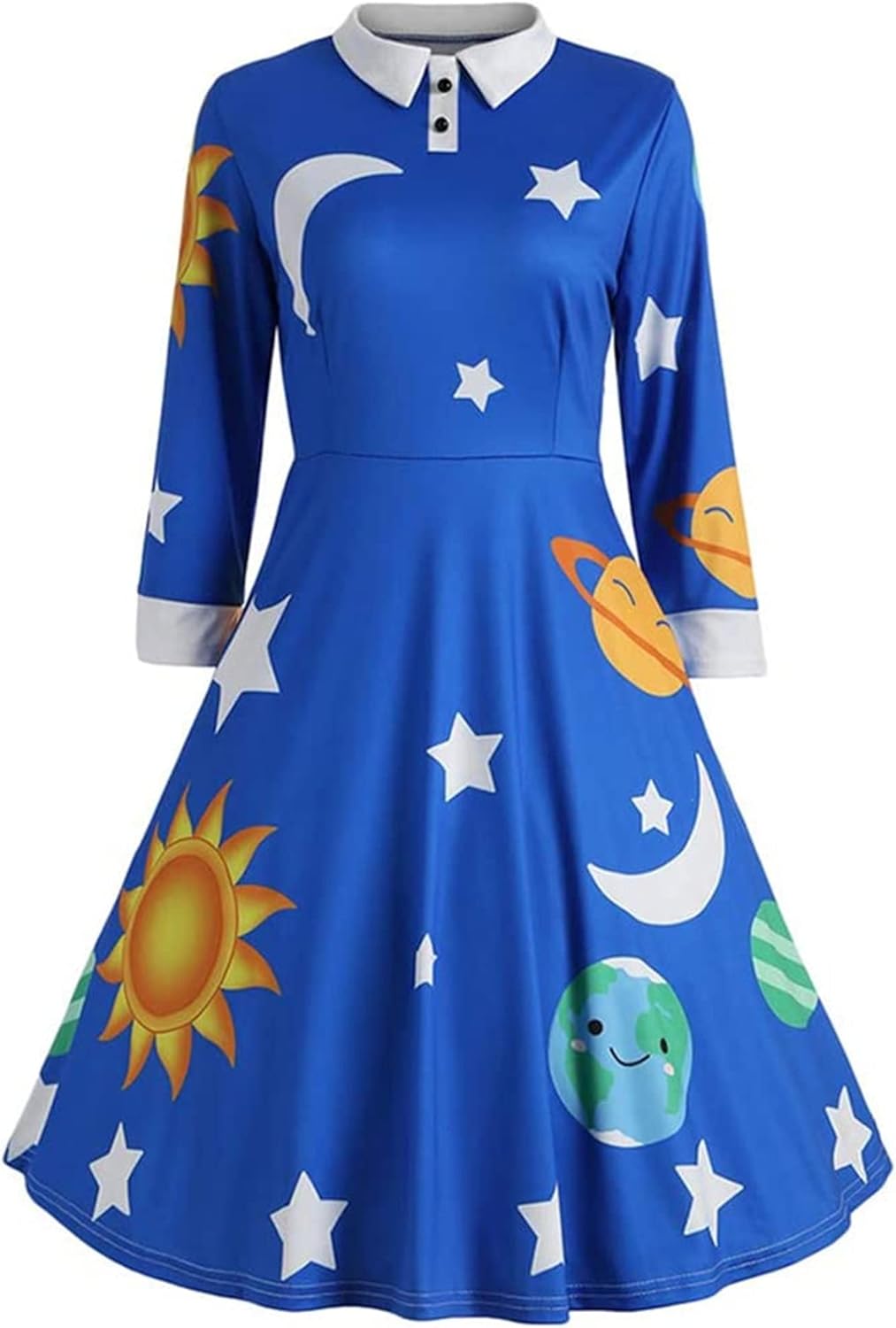 ZEZCLO Women's Long Sleeve Peter Pan Collar A-line Dress Halloween Costume Vintage Solar System Fit and Flare Dresses