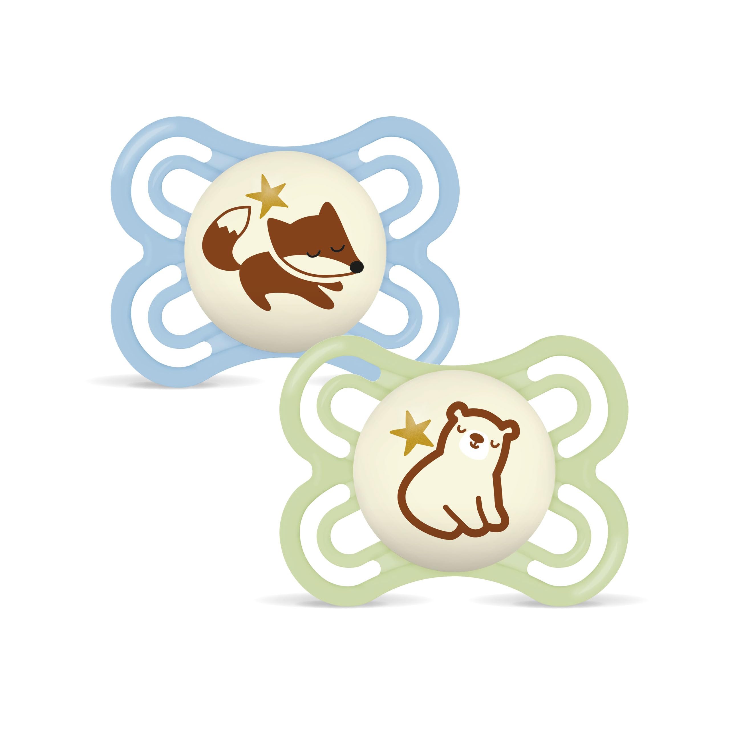 MAM Perfect Night Schnuller | 0-6 Monate | leuchtende Babyschnuller | 94% Akzeptanz | von Experten empfohlen | beugt Zahnfehlstellungen vor | SkinSoft Silikon | Fuchs/Bär | 2 Stück