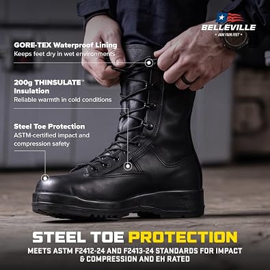 Belleville Waterproof Steel Toe Boots - 200g Thinsulate & Steel Toe Protection - Non Slip Tactical Boots - ASTM F2413-24 Safety Rated - Cushioned EVA Midsole - Lace-Up Closure - Vanguard Construction